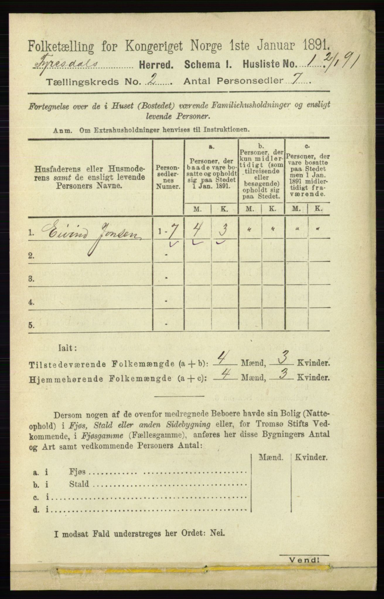 RA, 1891 census for 0831 Fyresdal, 1891, p. 256