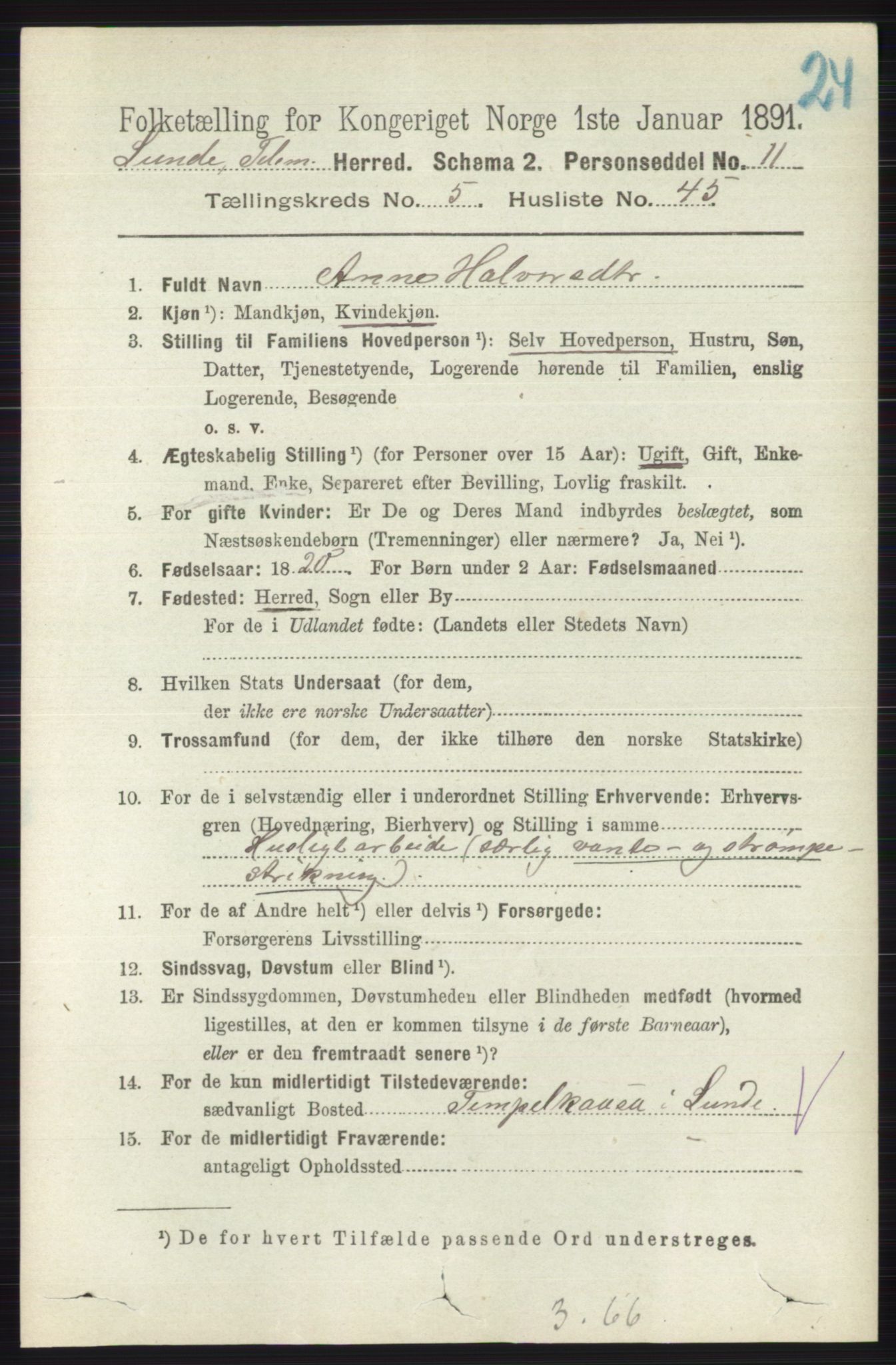 RA, 1891 census for 0820 Lunde, 1891, p. 1811