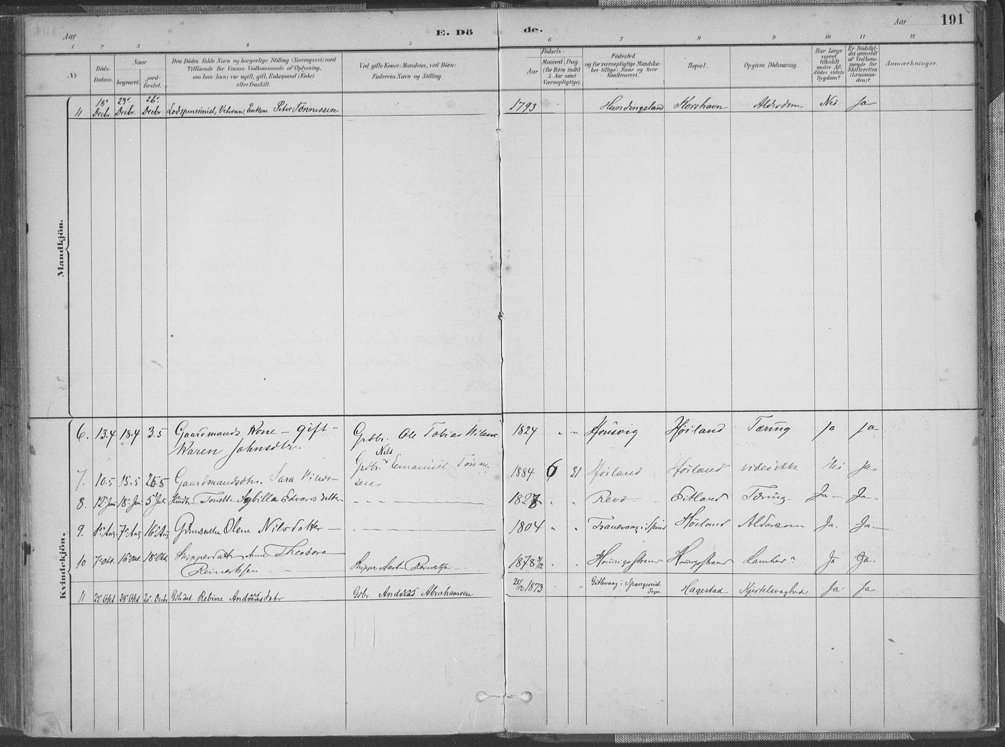 Lyngdal sokneprestkontor, SAK/1111-0029/F/Fa/Faa/L0004: Parish register (official) no. A 4, 1883-1904, p. 191