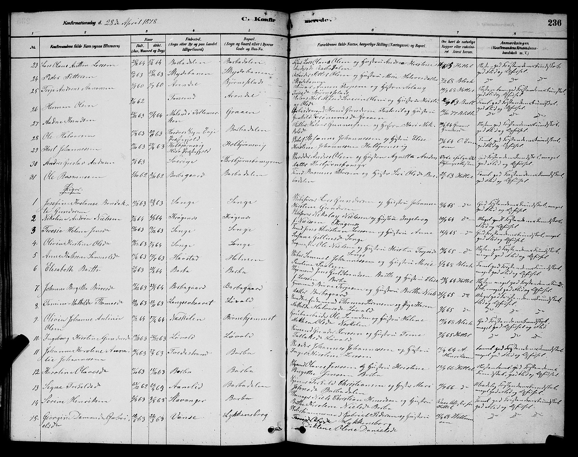 Barbu sokneprestkontor, AV/SAK-1111-0003/F/Fb/L0001: Parish register (copy) no. B 1, 1878-1890, p. 236