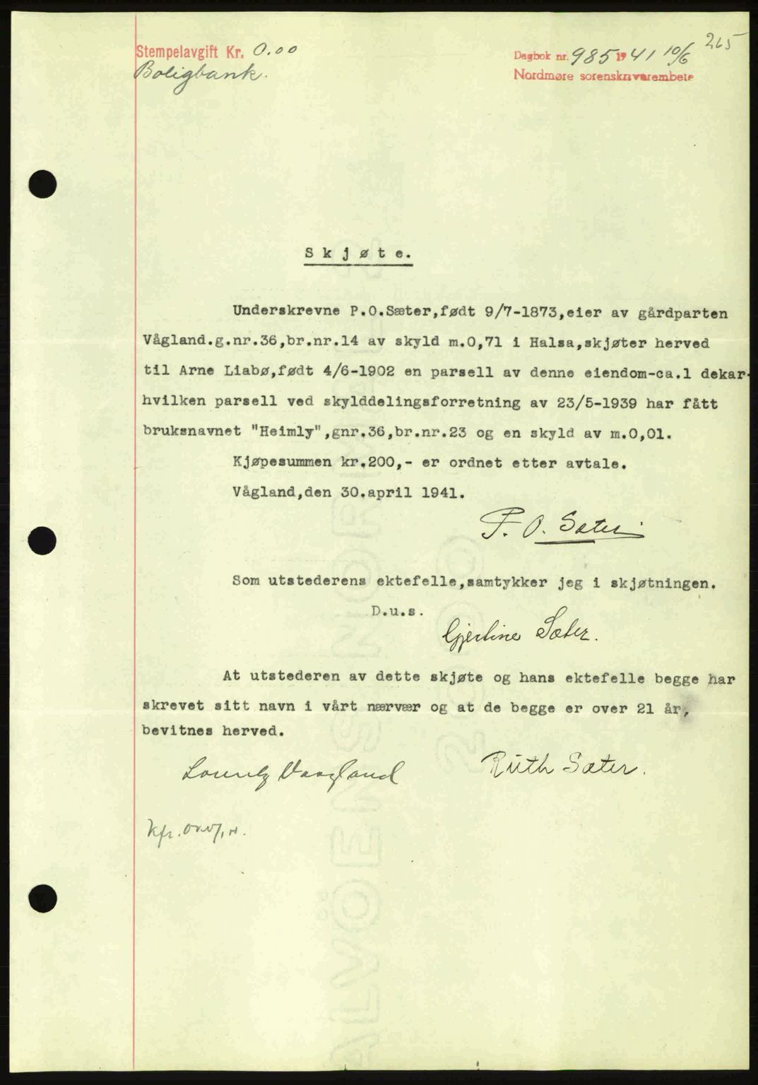 Nordmøre sorenskriveri, SAT/A-4132/1/2/2Ca: Mortgage book no. A90, 1941-1941, Diary no: : 985/1941