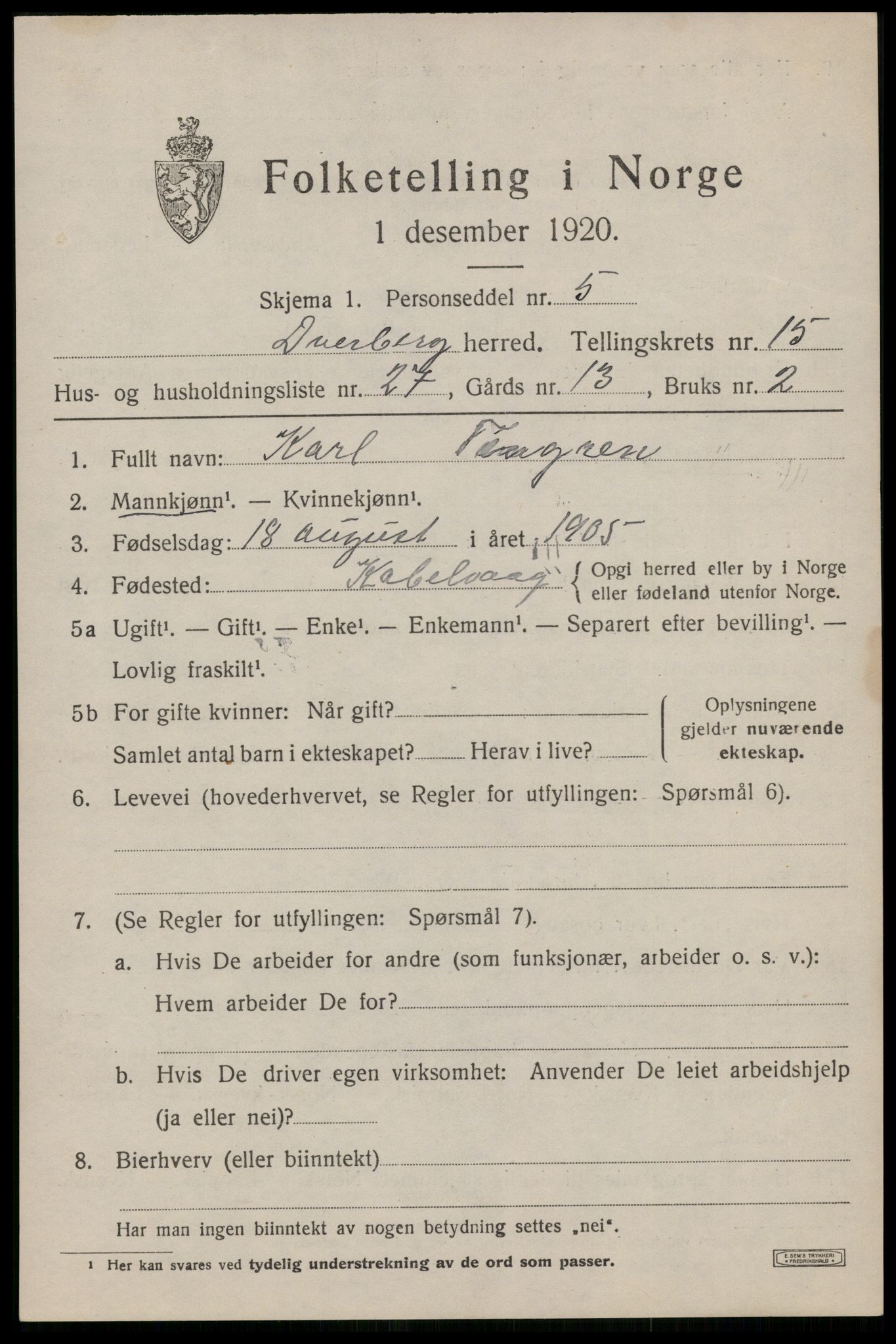 SAT, 1920 census for Dverberg, 1920, p. 11300