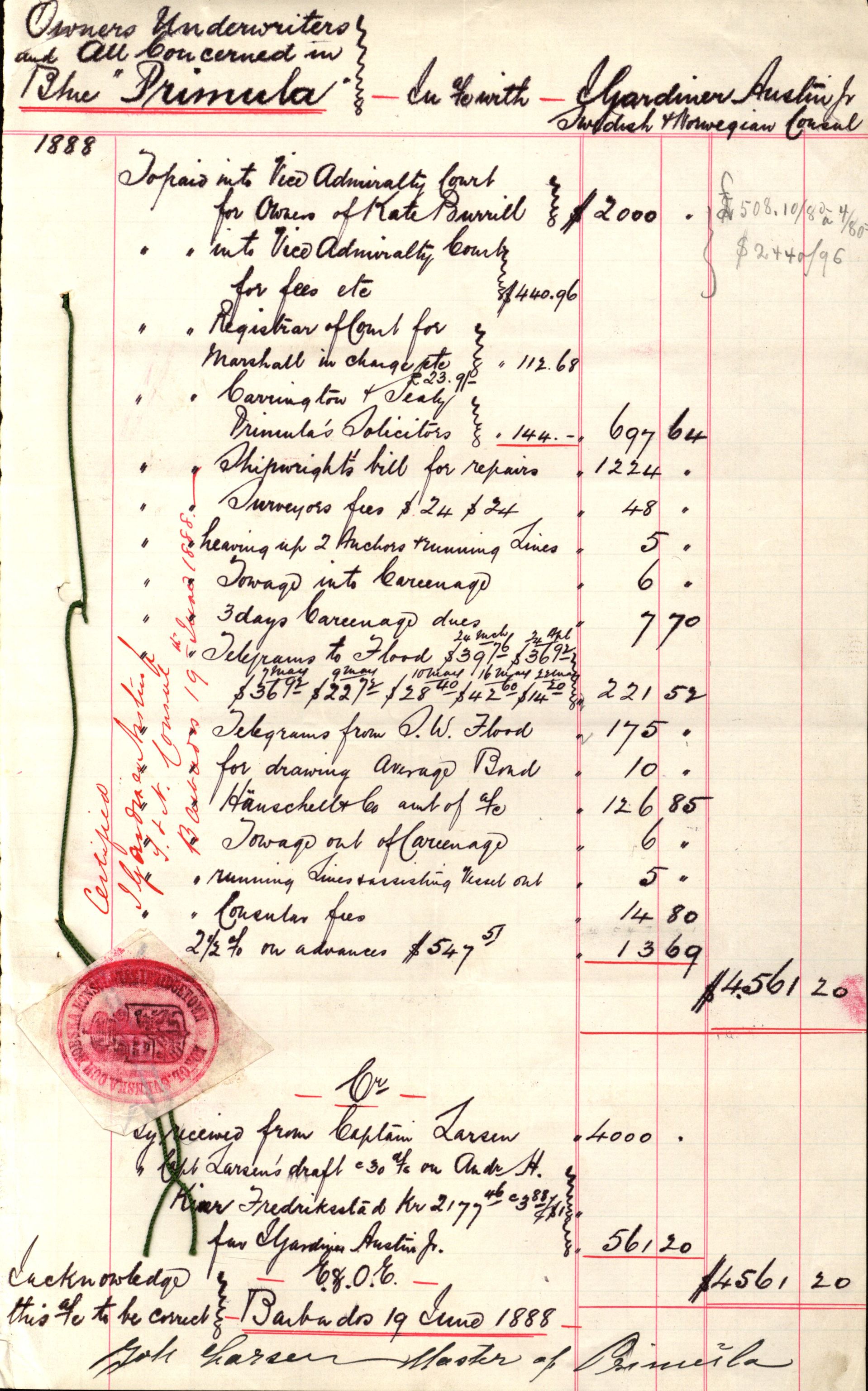 Pa 63 - Østlandske skibsassuranceforening, VEMU/A-1079/G/Ga/L0021/0003: Havaridokumenter / Inga av Drammen, Inga av Sandefjord, Primula, 1888-1889, p. 147