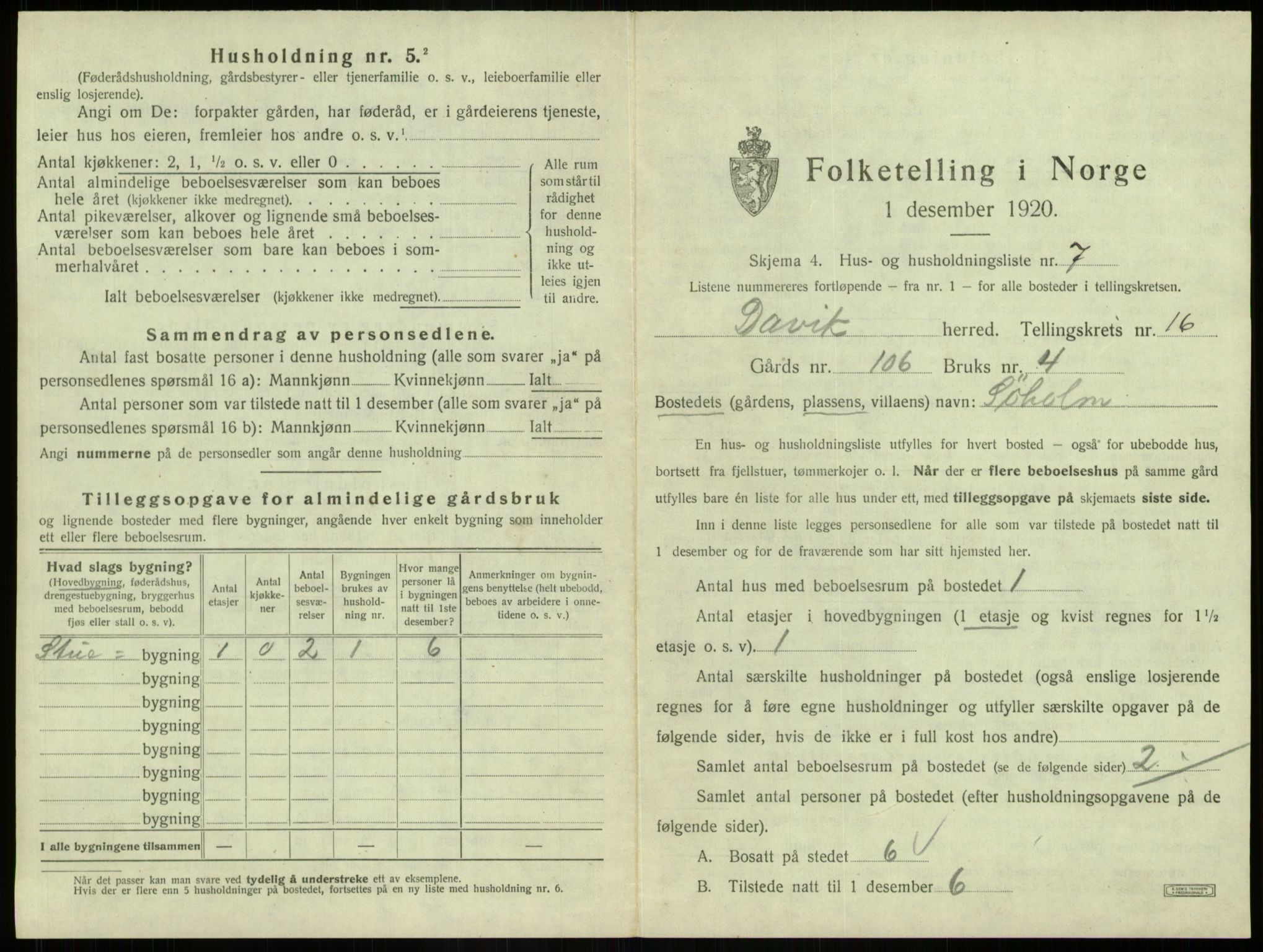 SAB, 1920 census for Davik, 1920, p. 1025