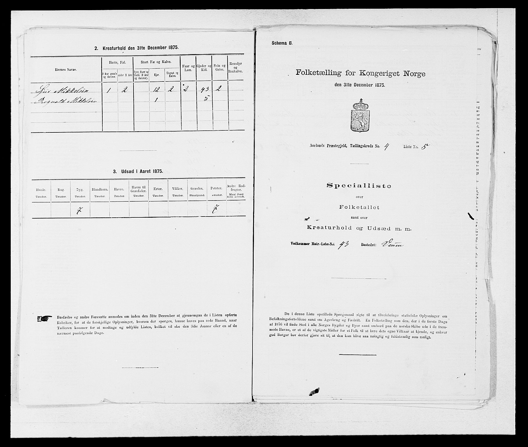 SAB, 1875 census for 1421P Aurland, 1875, p. 424