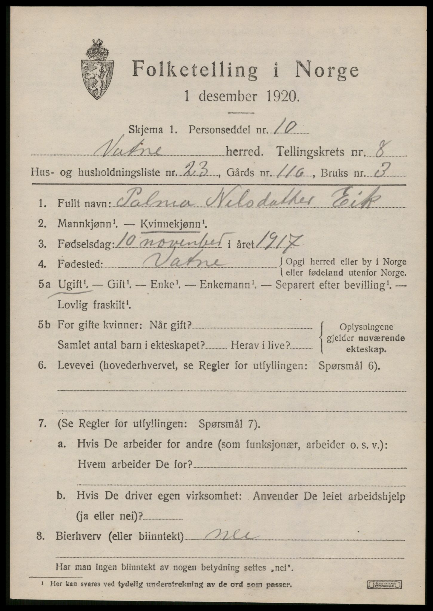 SAT, 1920 census for Vatne, 1920, p. 3658