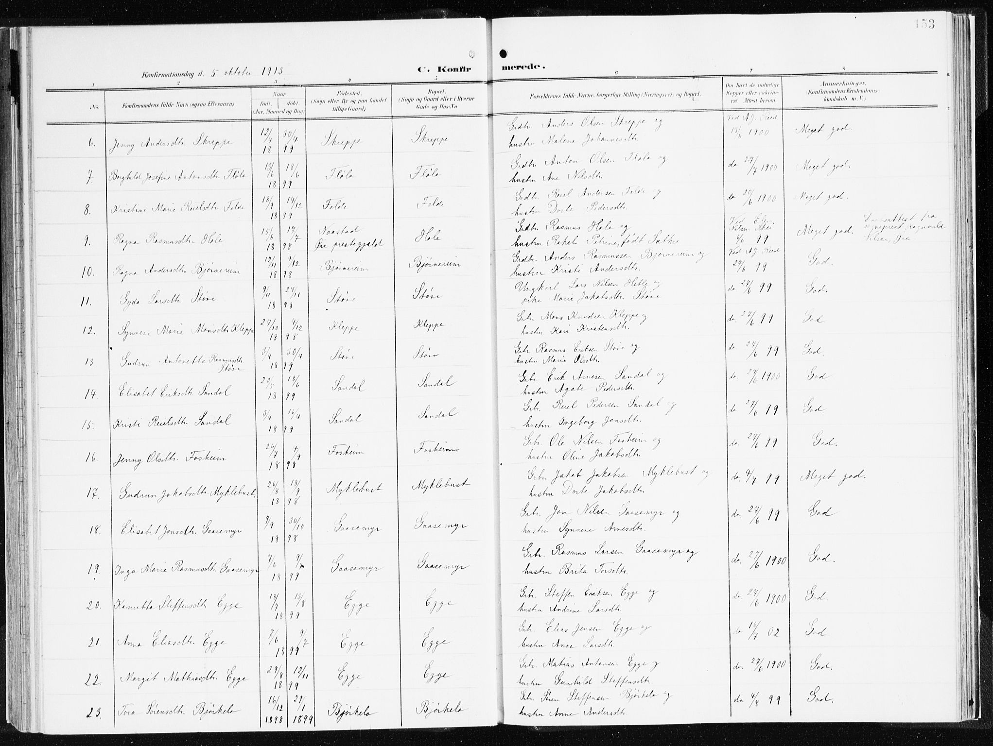 Gloppen sokneprestembete, AV/SAB-A-80101/H/Haa/Haac/L0003: Parish register (official) no. C 3, 1904-1921, p. 153