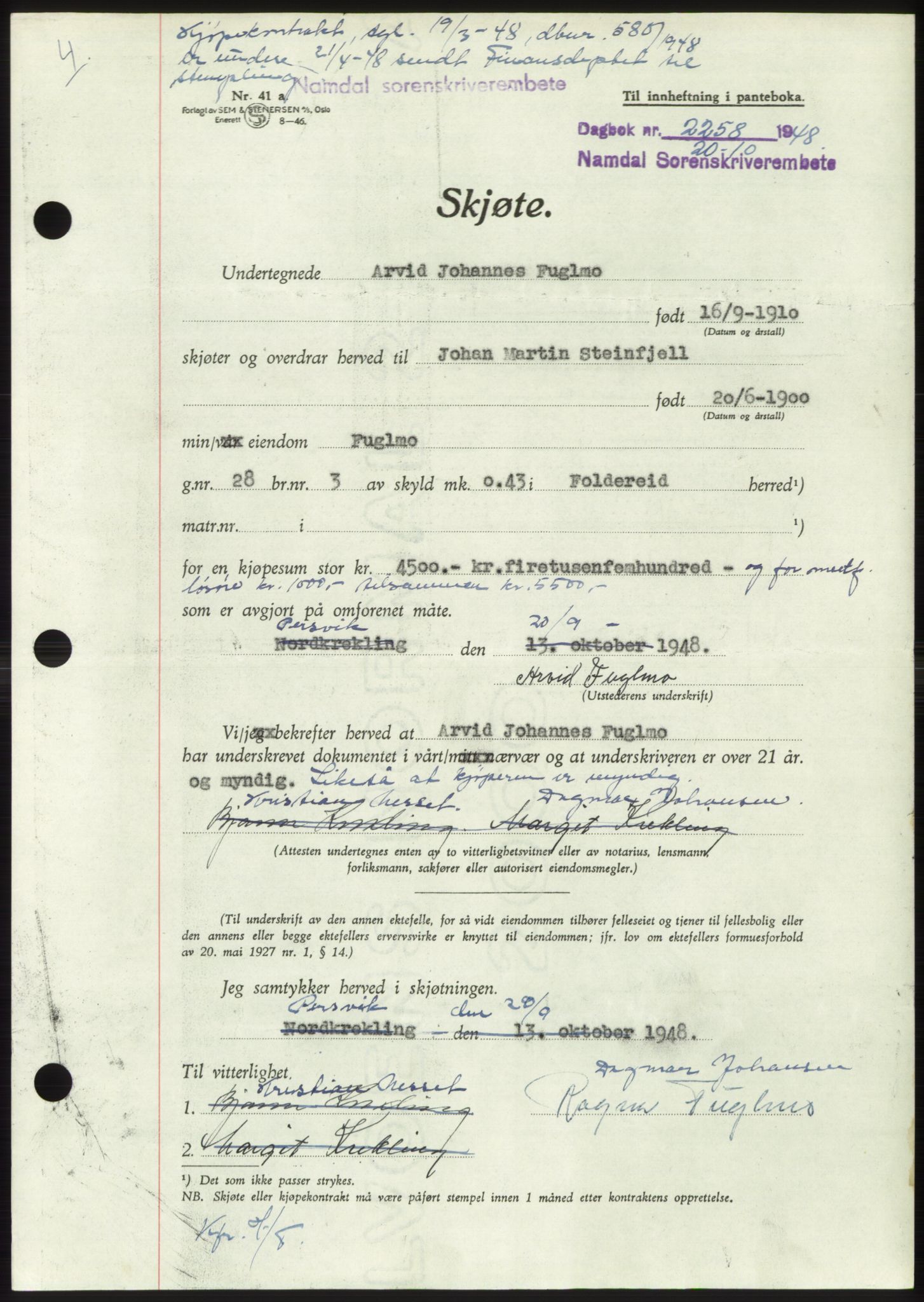 Namdal sorenskriveri, AV/SAT-A-4133/1/2/2C: Mortgage book no. -, 1948-1948, Diary no: : 2258/1948