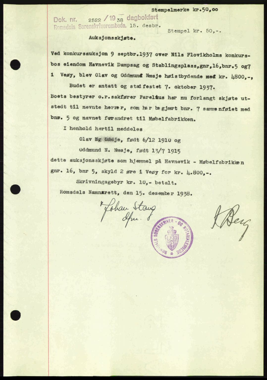 Romsdal sorenskriveri, AV/SAT-A-4149/1/2/2C: Mortgage book no. A6, 1938-1939, Diary no: : 2522/1938