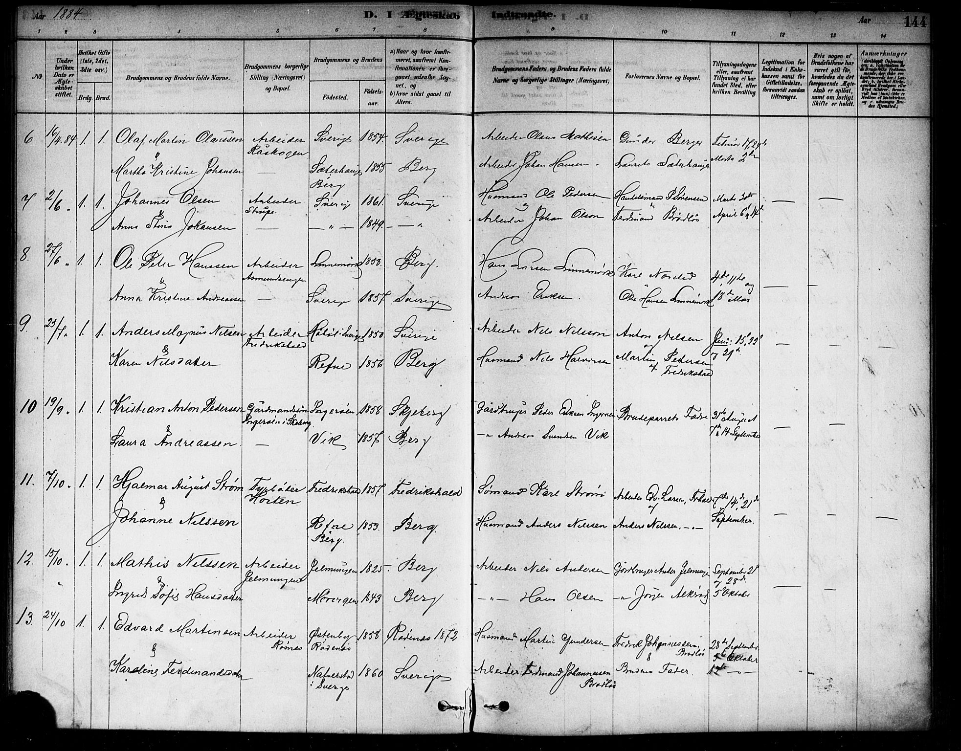 Berg prestekontor Kirkebøker, SAO/A-10902/F/Fa/L0006: Parish register (official) no. I 6, 1878-1887, p. 144