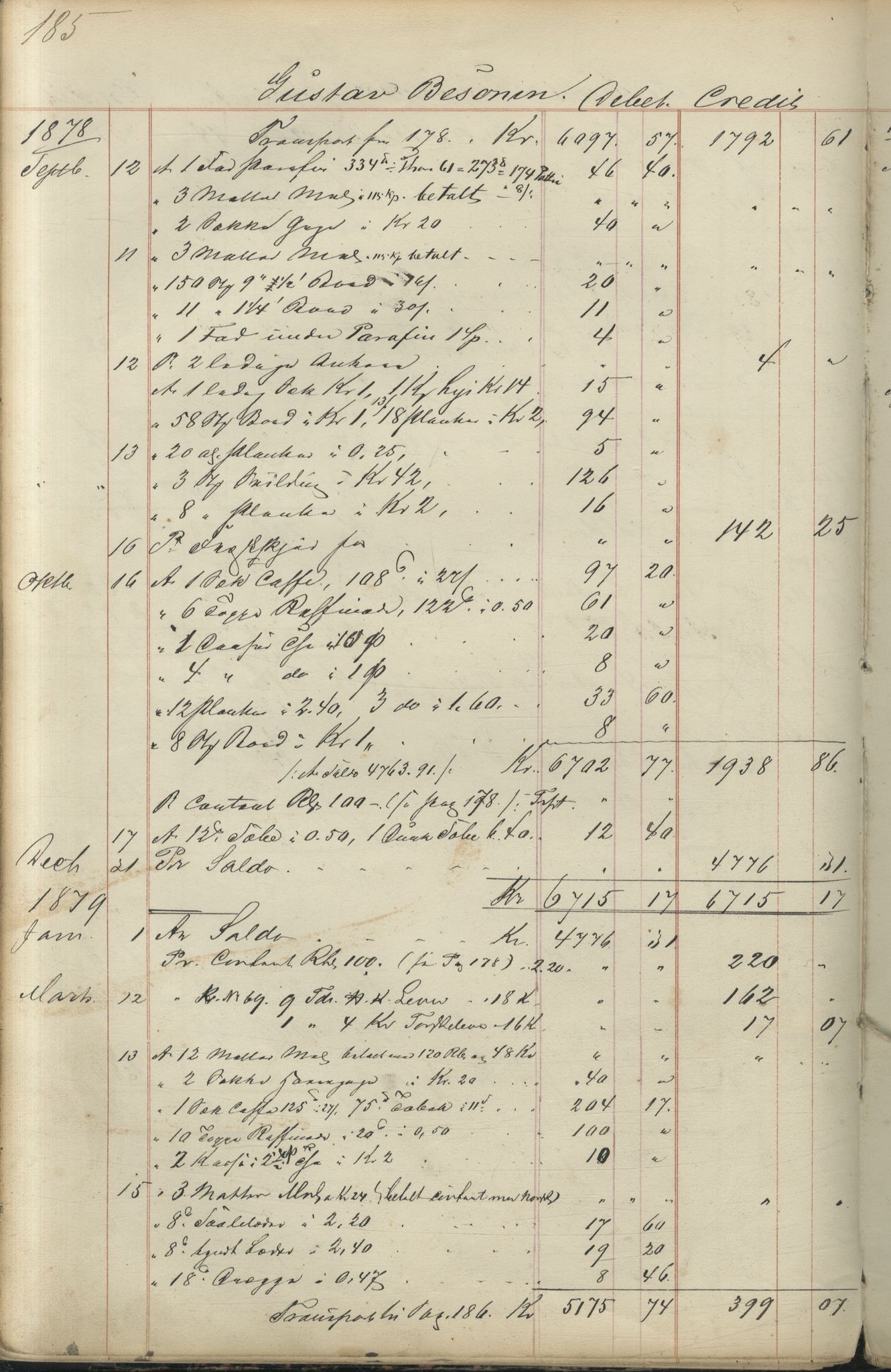 Brodtkorb handel A/S, VAMU/A-0001/F/Fc/L0001/0001: Konto for kvener og nordmenn på Kolahalvøya  / Conto for Kvæner og Nordmænd paa Russefinmarken No 1, 1868-1894, p. 185