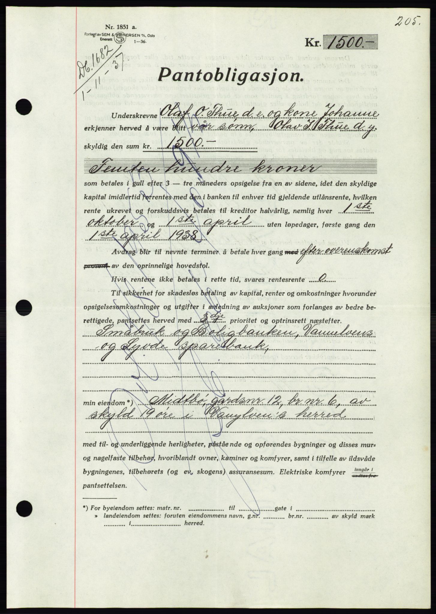 Søre Sunnmøre sorenskriveri, AV/SAT-A-4122/1/2/2C/L0064: Mortgage book no. 58, 1937-1938, Diary no: : 1682/1937