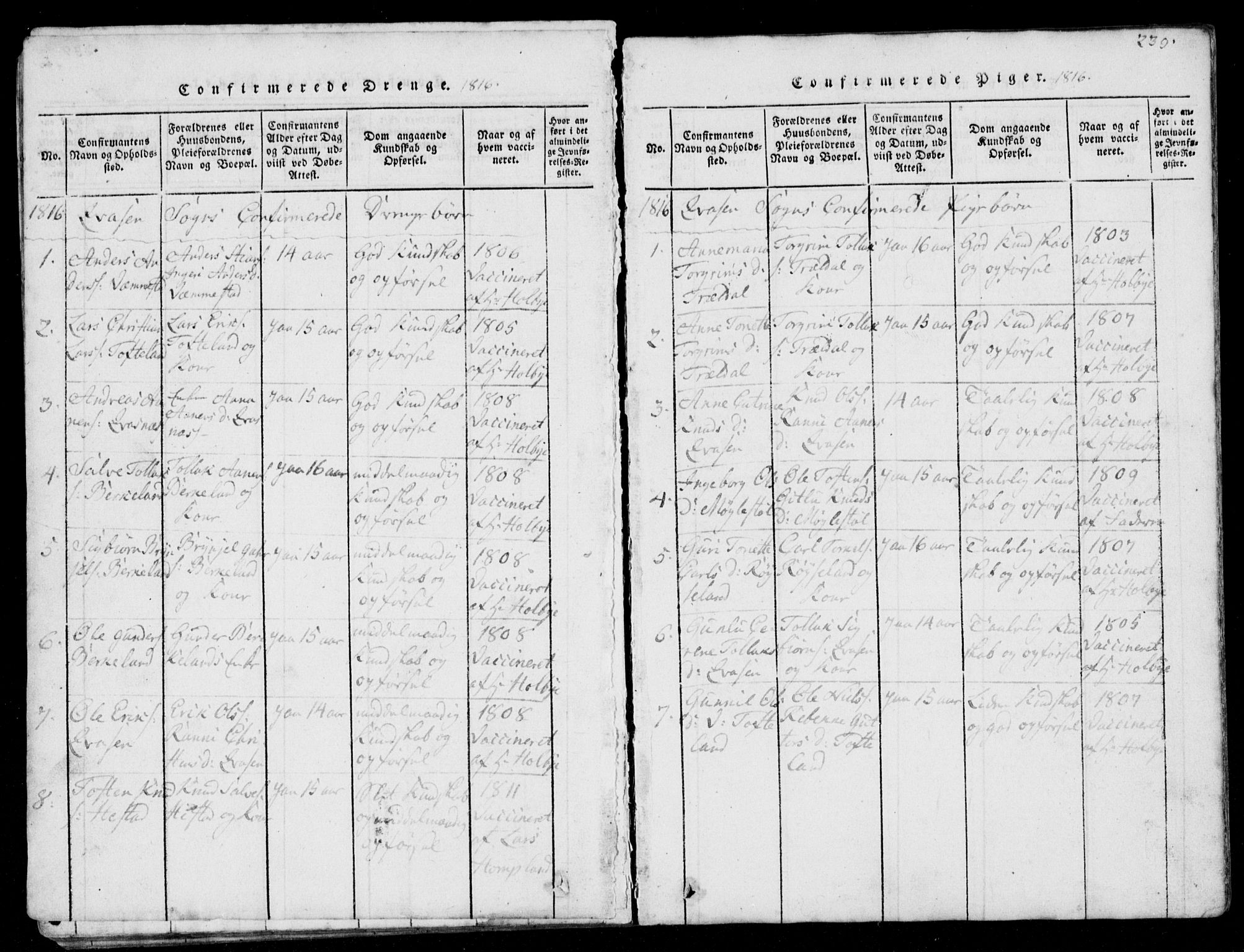 Lyngdal sokneprestkontor, SAK/1111-0029/F/Fb/Fbb/L0001: Parish register (copy) no. B 1, 1816-1900, p. 239