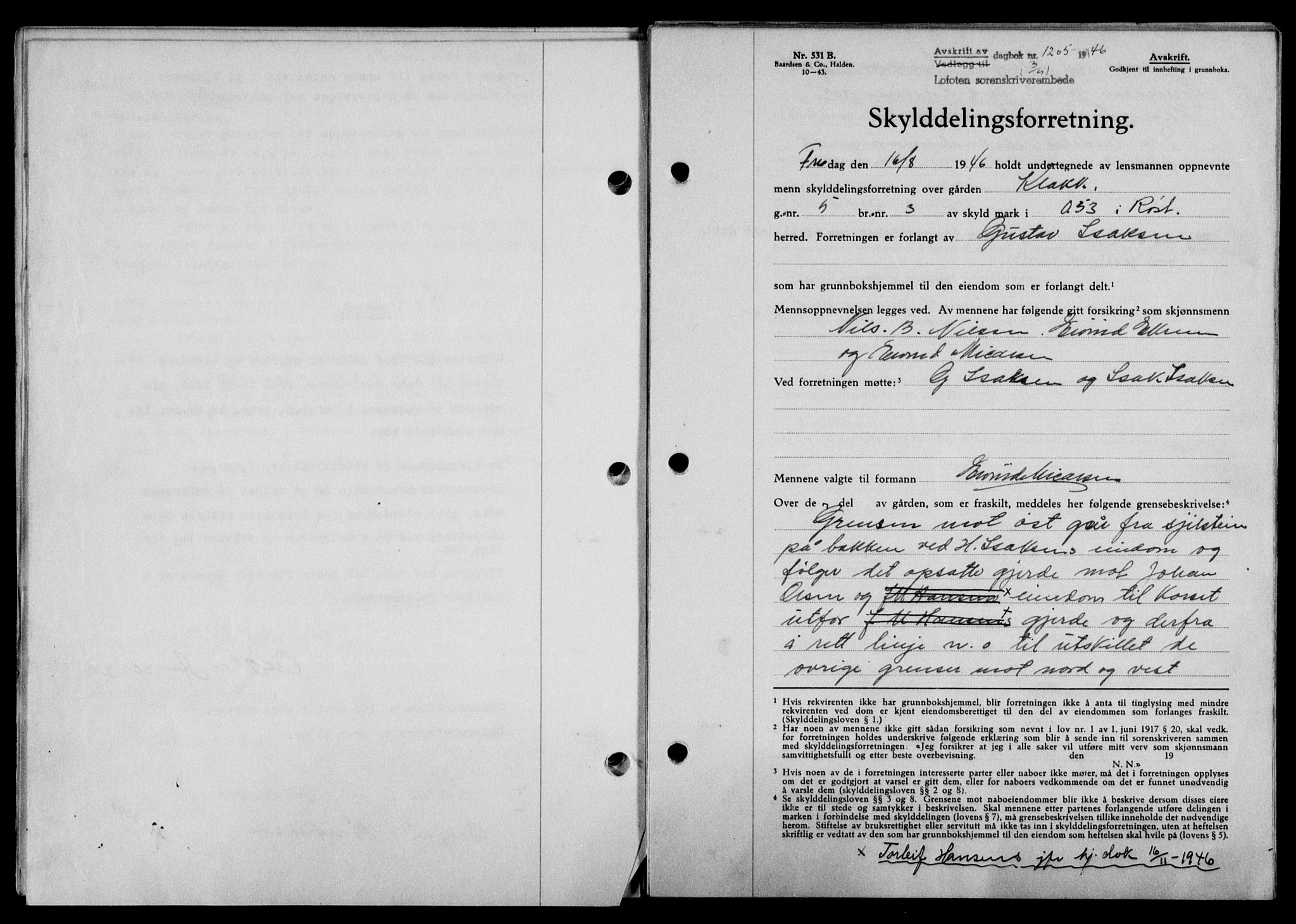 Lofoten sorenskriveri, SAT/A-0017/1/2/2C/L0014a: Mortgage book no. 14a, 1946-1946, Diary no: : 1205/1946