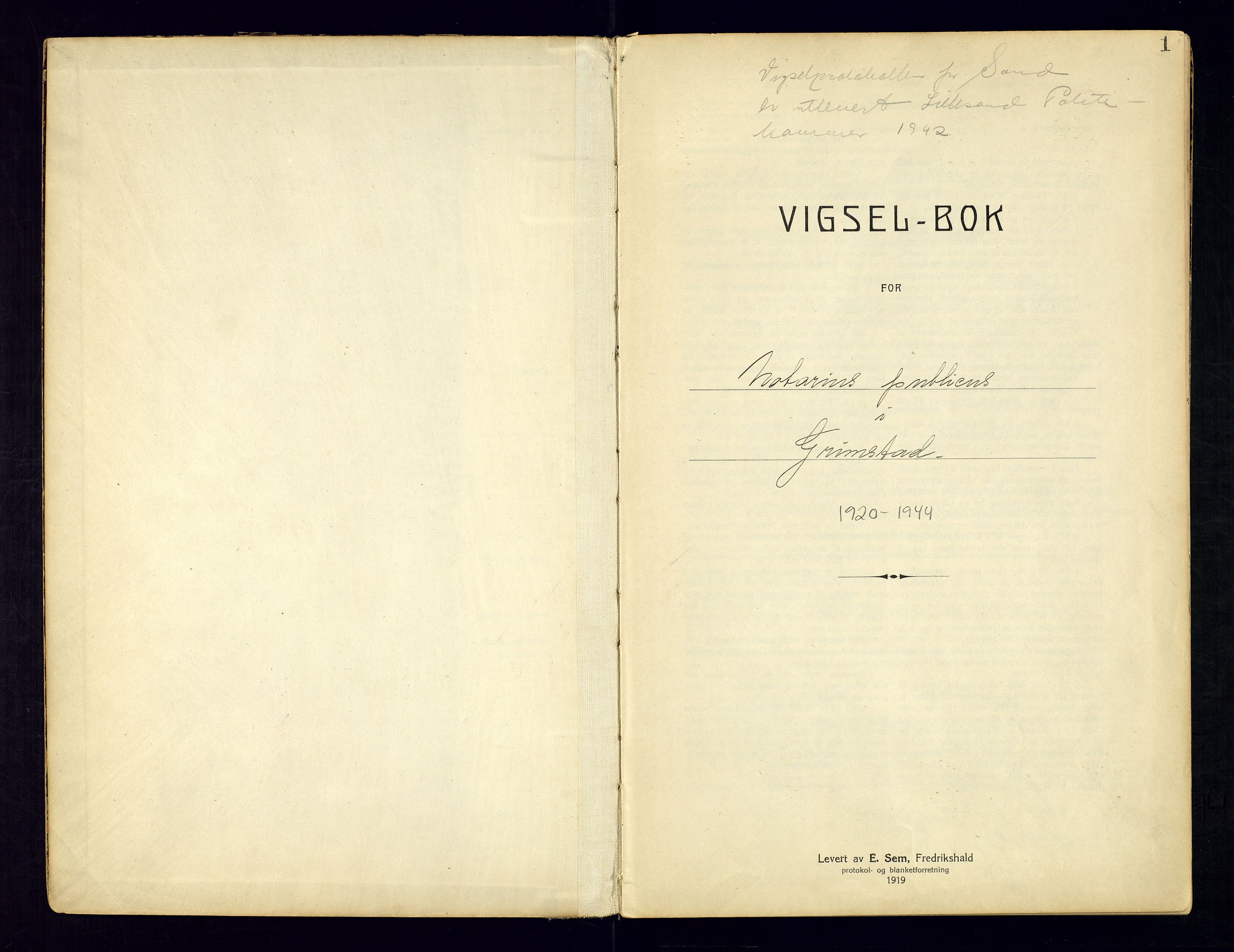 Sand sorenskriveri - 2, SAK/1221-0110/I/Ib/L0532/0003: Lysning og vigsel / Vigselbok for Grimstad, 1920-1944, p. 1