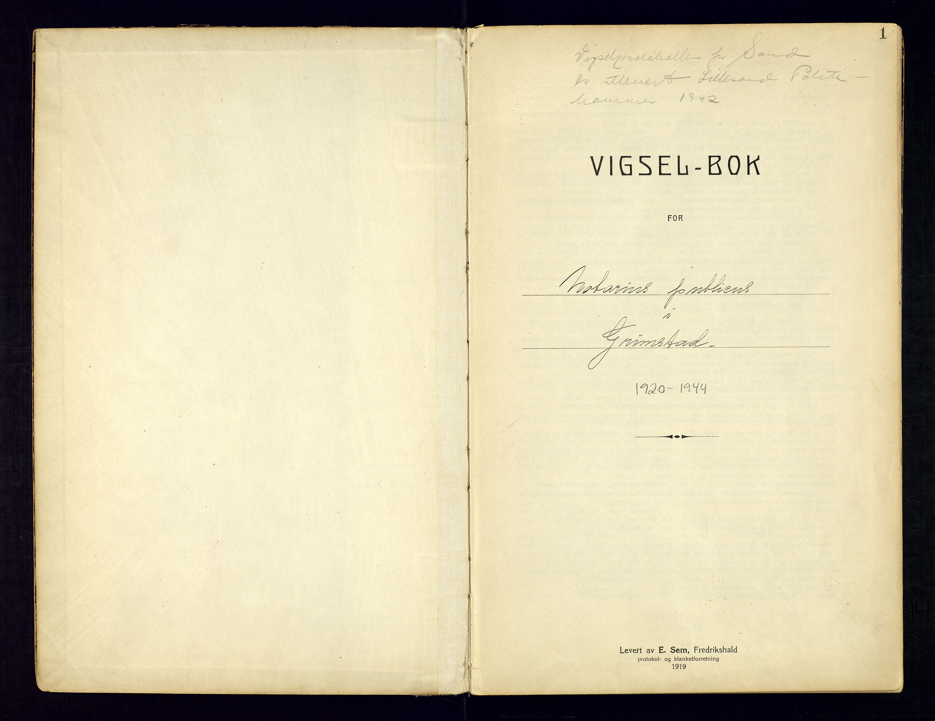 Sand sorenskriveri - 2, AV/SAK-1221-0110/I/Ib/L0532/0003: Lysning og vigsel / Vigselbok for Grimstad, 1920-1944, p. 1