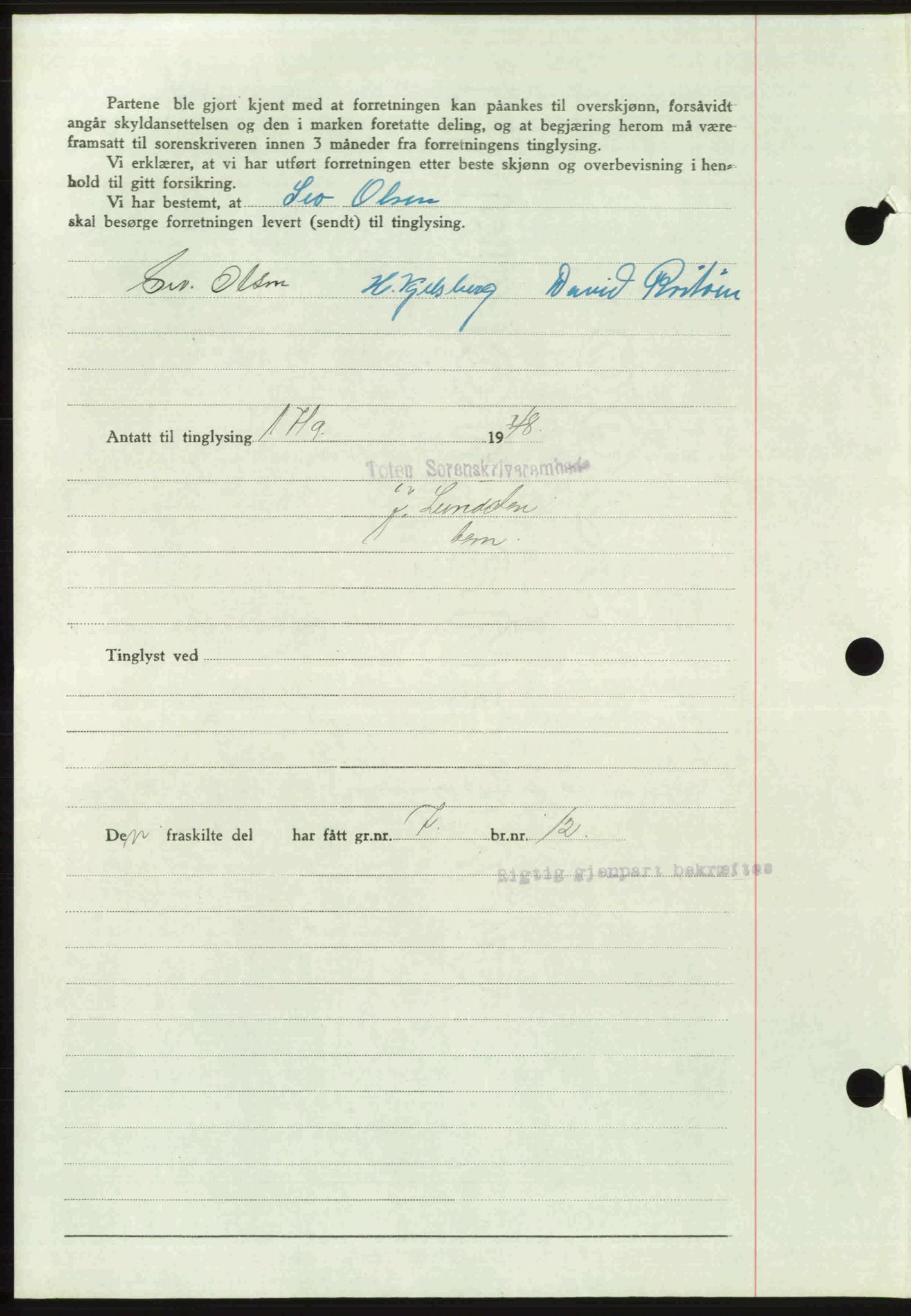 Toten tingrett, SAH/TING-006/H/Hb/Hbc/L0020: Mortgage book no. Hbc-20, 1948-1948, Diary no: : 3007/1948