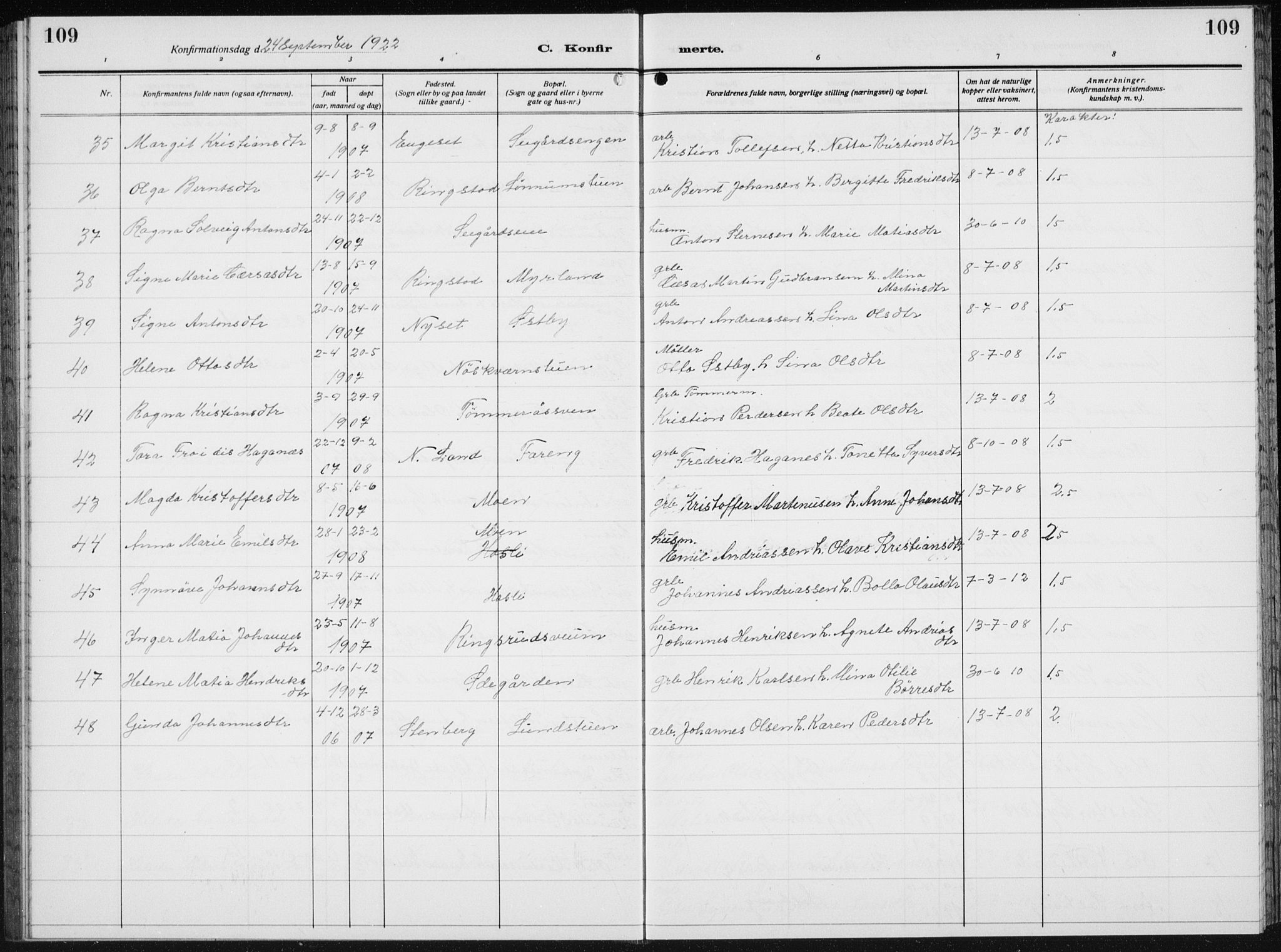 Biri prestekontor, SAH/PREST-096/H/Ha/Hab/L0007: Parish register (copy) no. 7, 1919-1941, p. 109