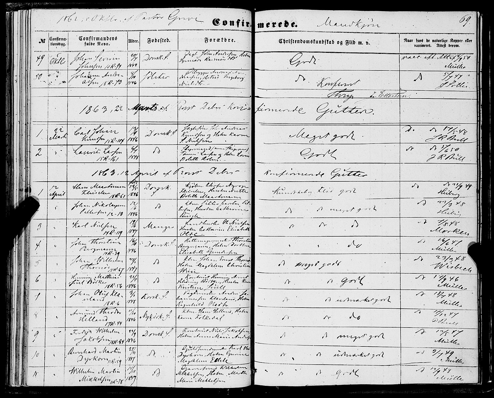 Domkirken sokneprestembete, SAB/A-74801/H/Haa/L0028: Parish register (official) no. C 3, 1852-1864, p. 69