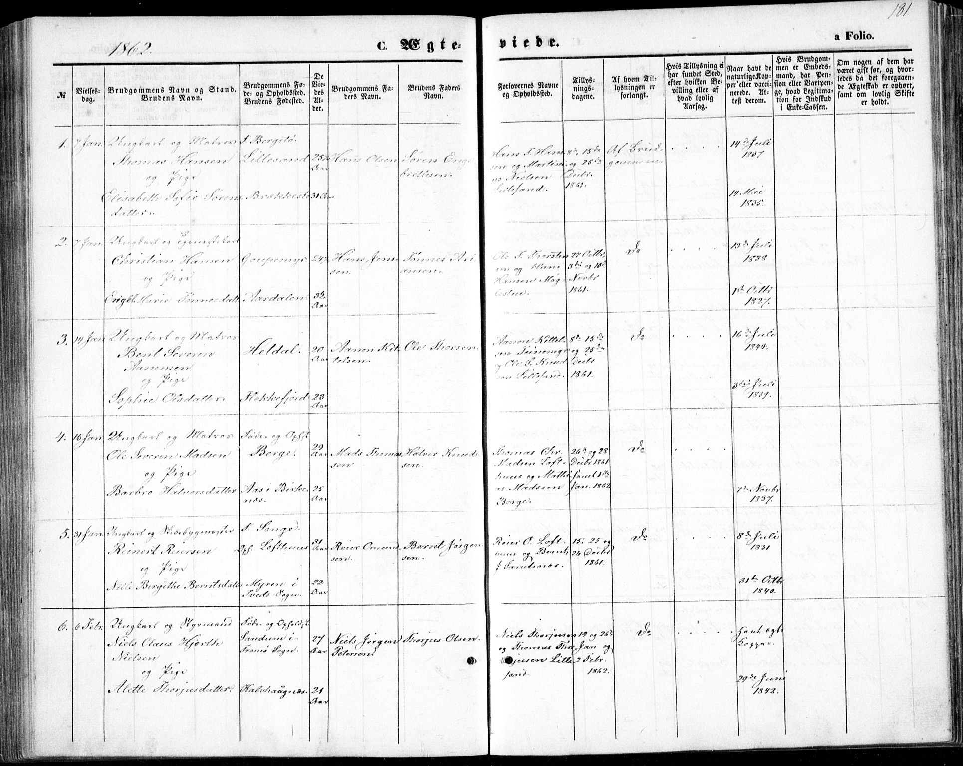 Vestre Moland sokneprestkontor, SAK/1111-0046/F/Fb/Fbb/L0004: Parish register (copy) no. B 4, 1861-1872, p. 181