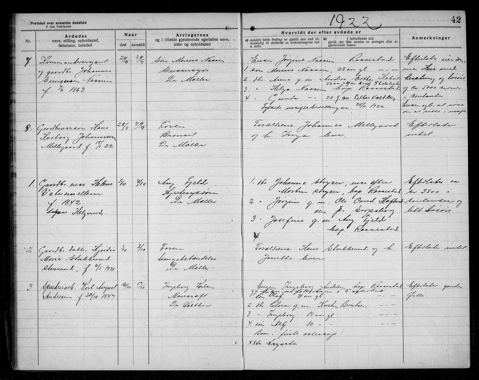 Rakkestad lensmannskontor, AV/SAO-A-10004/H/Ha/Haa/L0004: Dødsanmeldelsesprotokoll, 1920-1931, p. 42