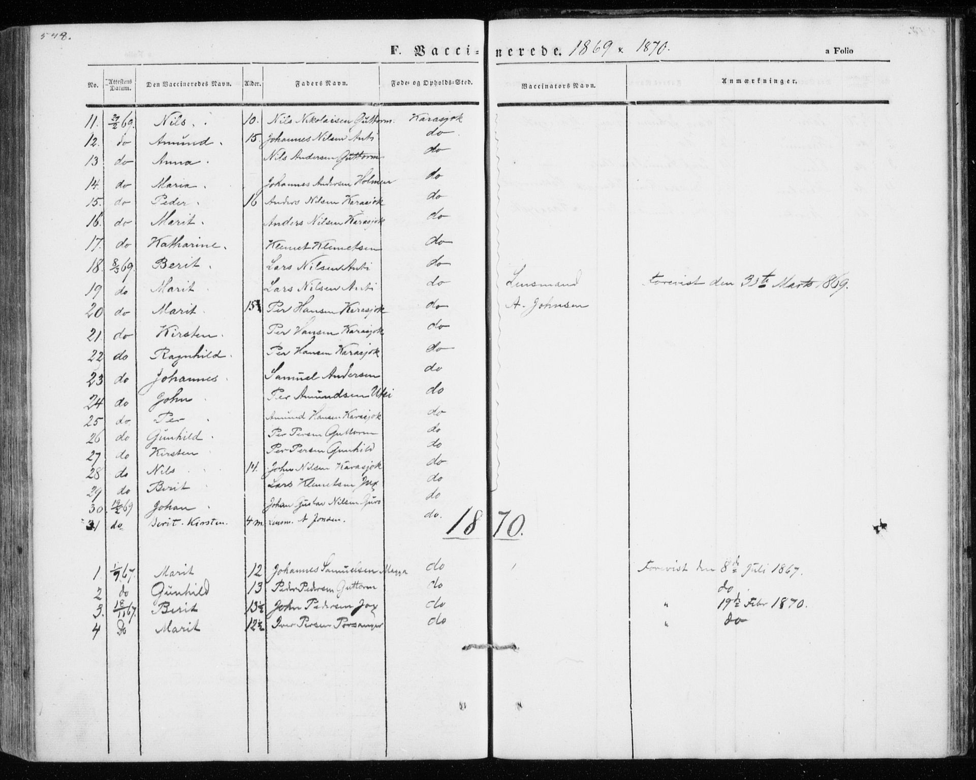 Kistrand/Porsanger sokneprestembete, SATØ/S-1351/H/Ha/L0012.kirke: Parish register (official) no. 12, 1843-1871, p. 548-549