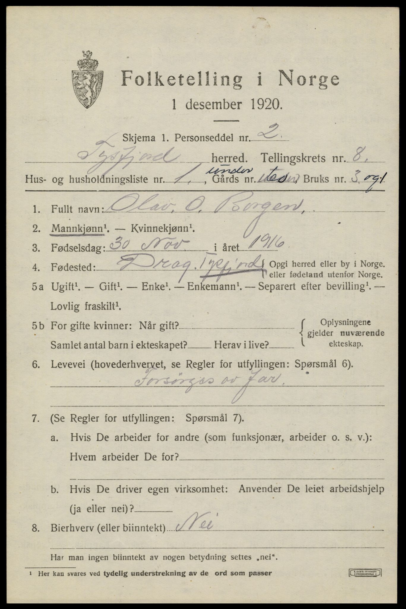 SAT, 1920 census for Tysfjord, 1920, p. 5863