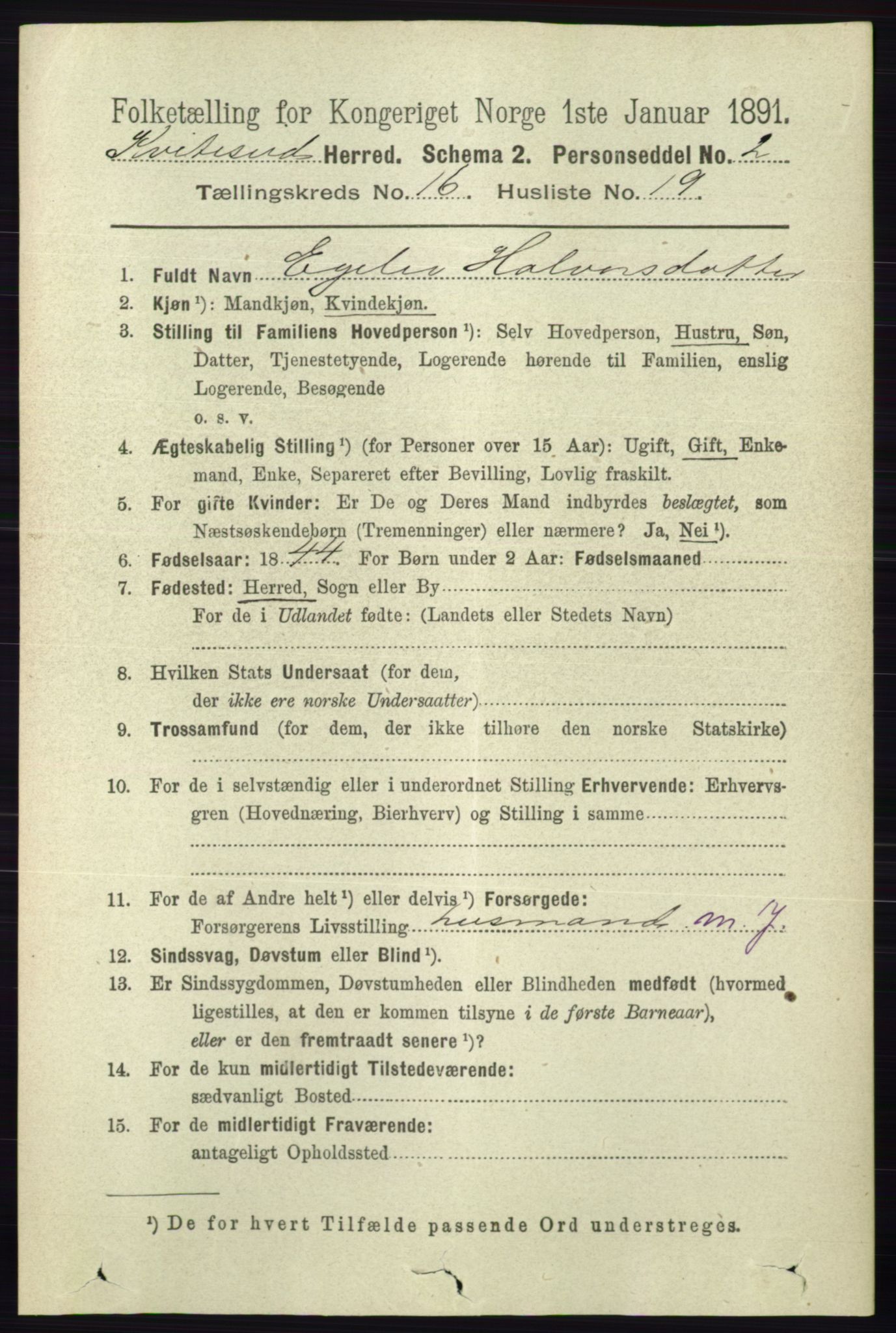 RA, 1891 census for 0829 Kviteseid, 1891, p. 3749