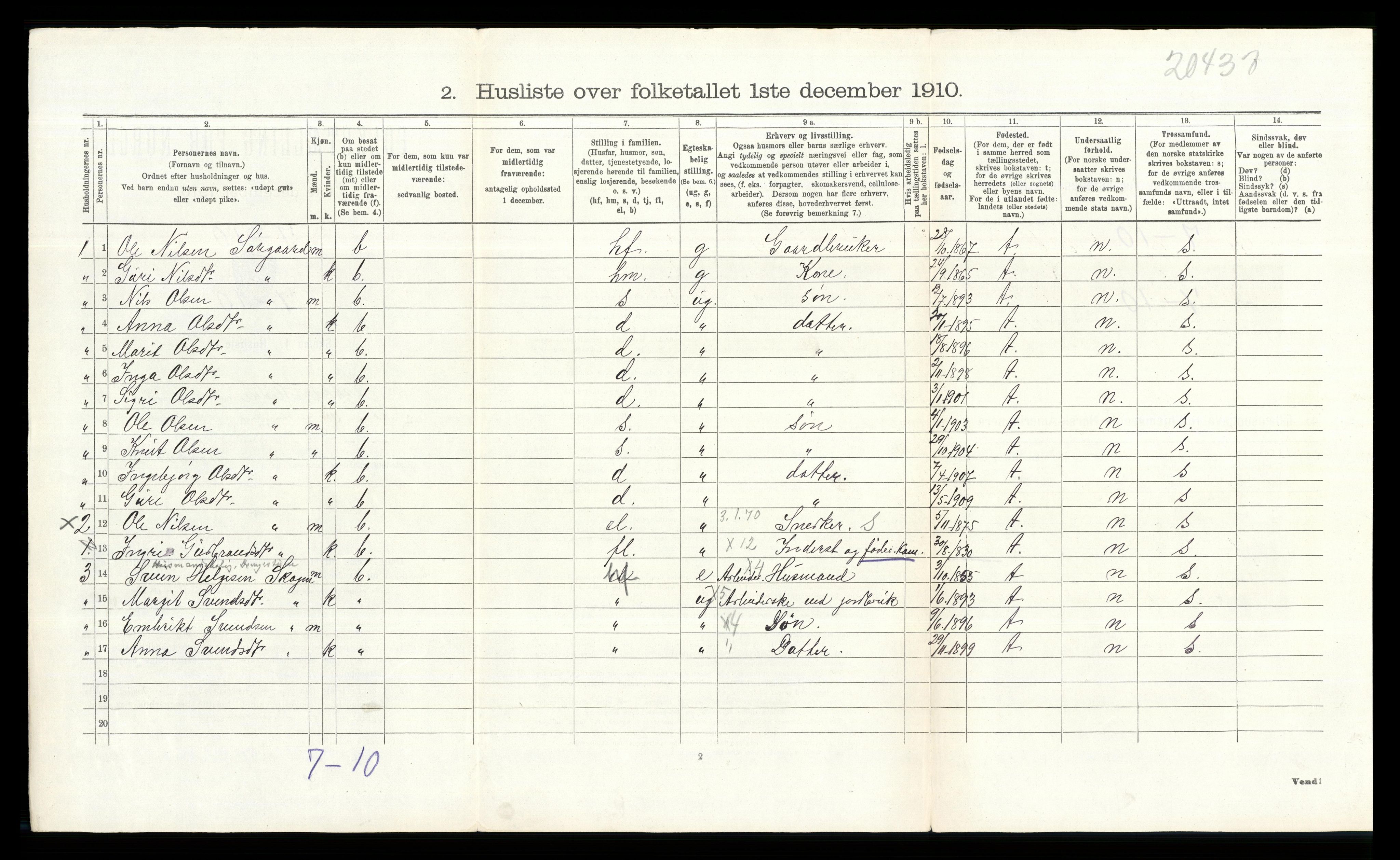 RA, 1910 census for Øystre Slidre, 1910, p. 851