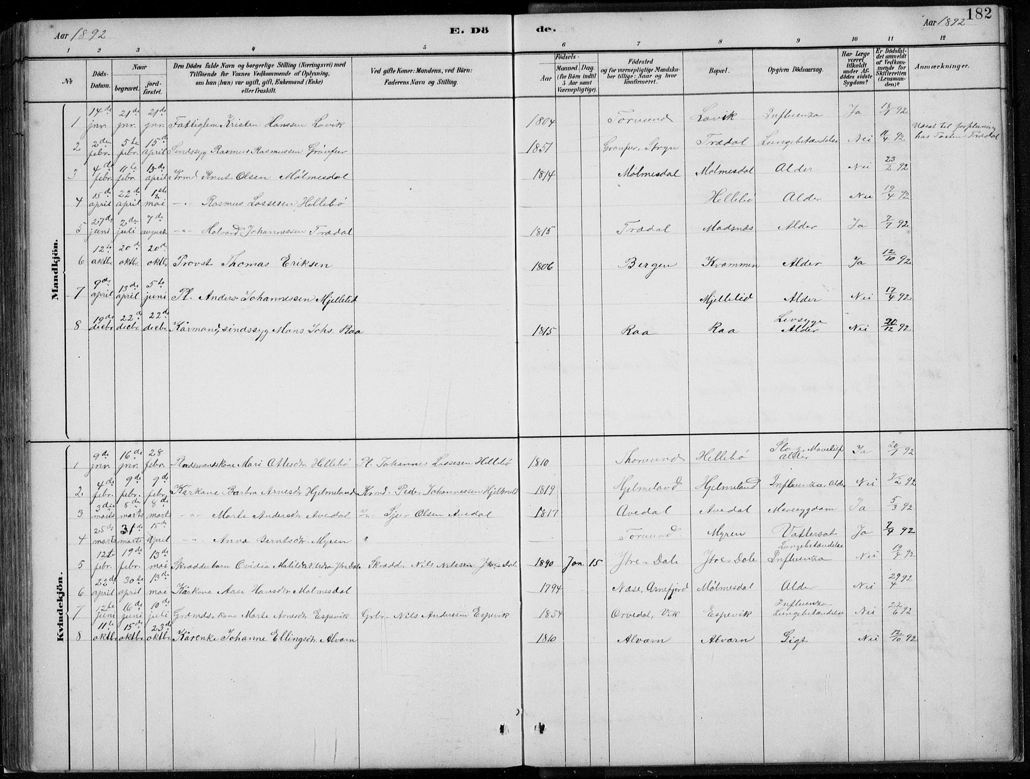 Lavik sokneprestembete, SAB/A-80901: Parish register (copy) no. A 2, 1882-1910, p. 182