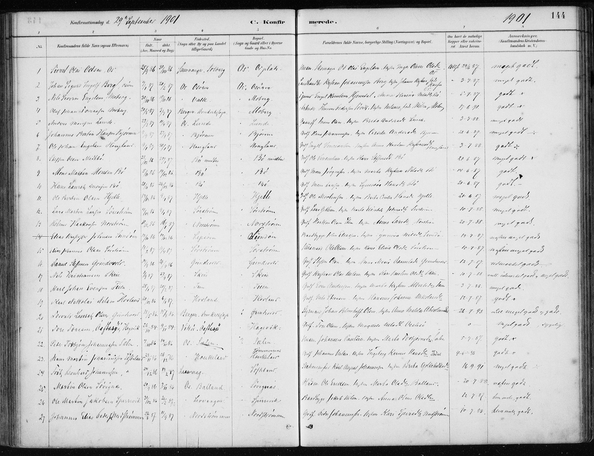 Os sokneprestembete, SAB/A-99929: Parish register (official) no. B 1, 1885-1902, p. 144