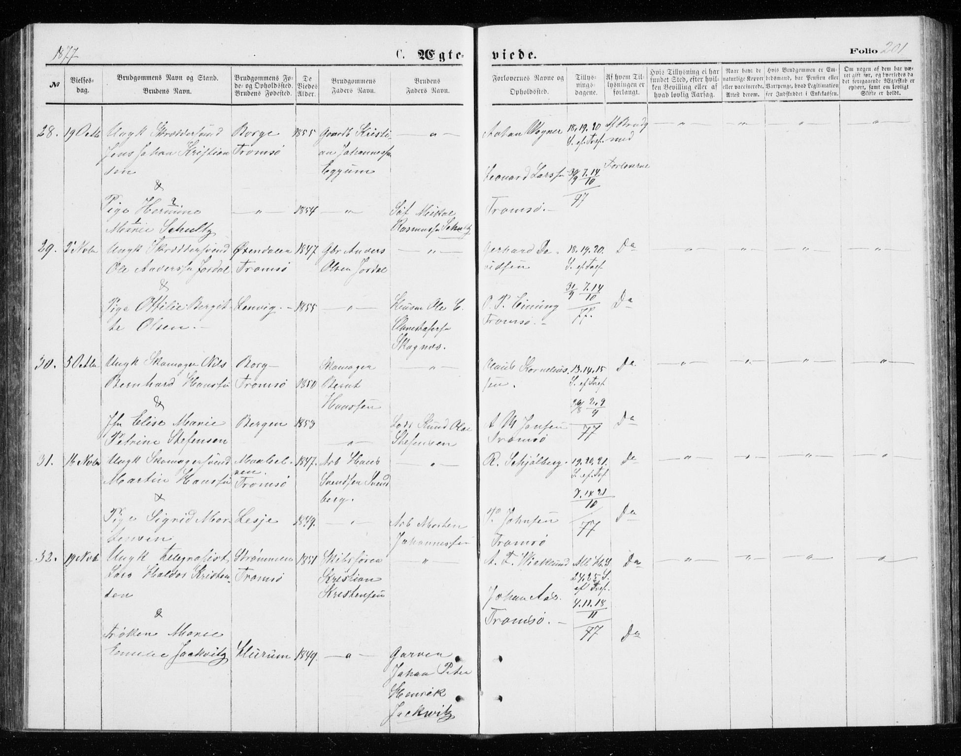 Tromsø sokneprestkontor/stiftsprosti/domprosti, AV/SATØ-S-1343/G/Gb/L0008klokker: Parish register (copy) no. 8, 1875-1879, p. 201