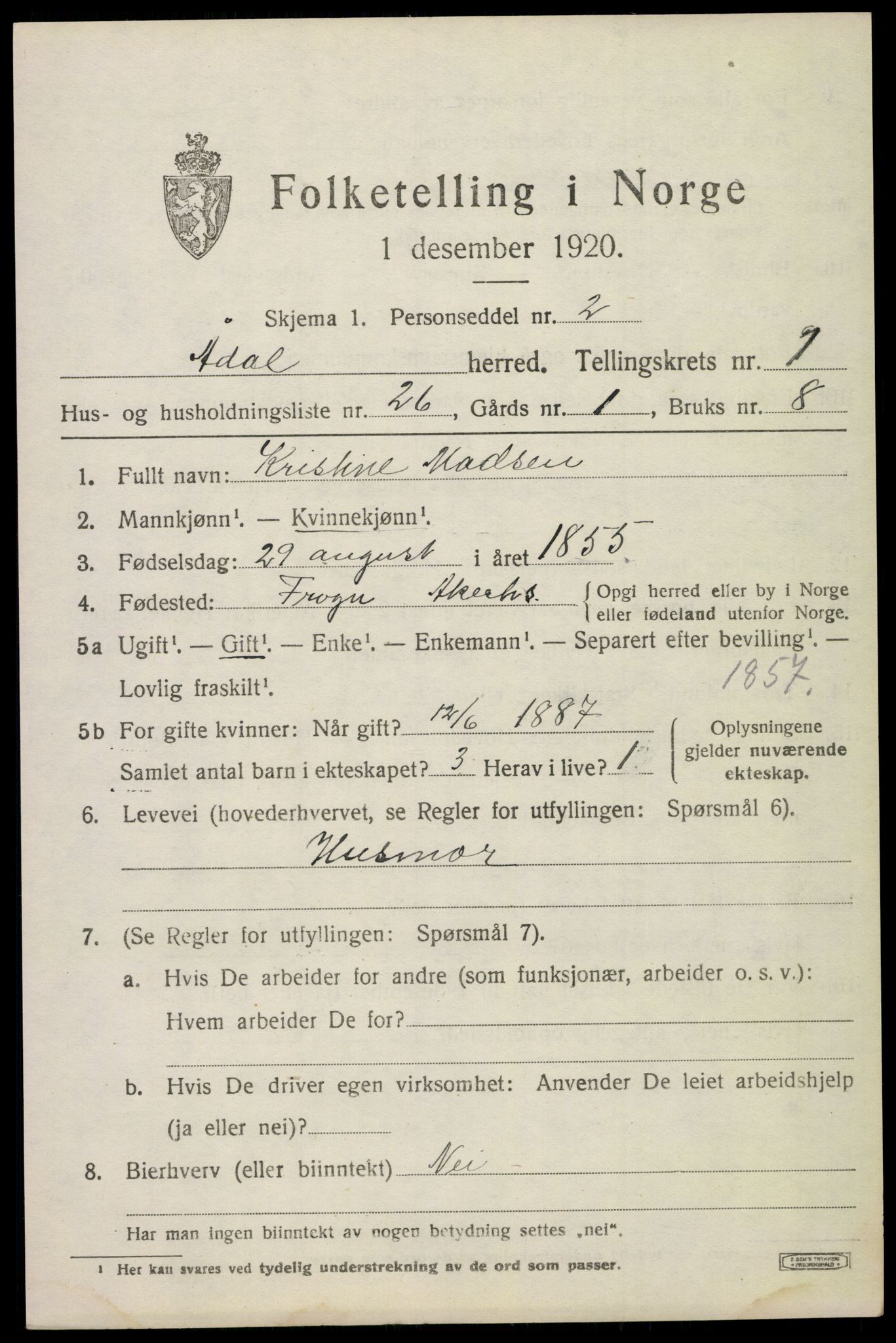 SAKO, 1920 census for Ådal, 1920, p. 1612