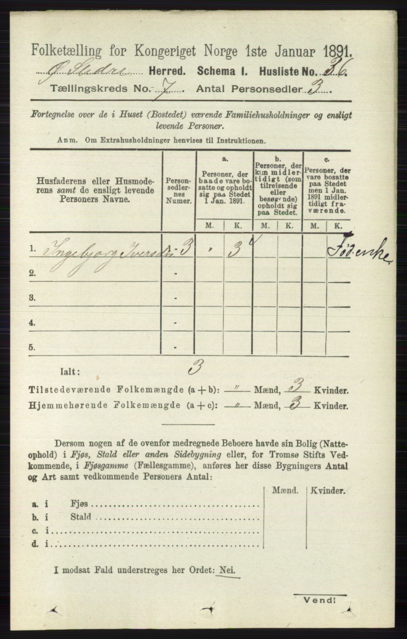 RA, 1891 census for 0544 Øystre Slidre, 1891, p. 2153