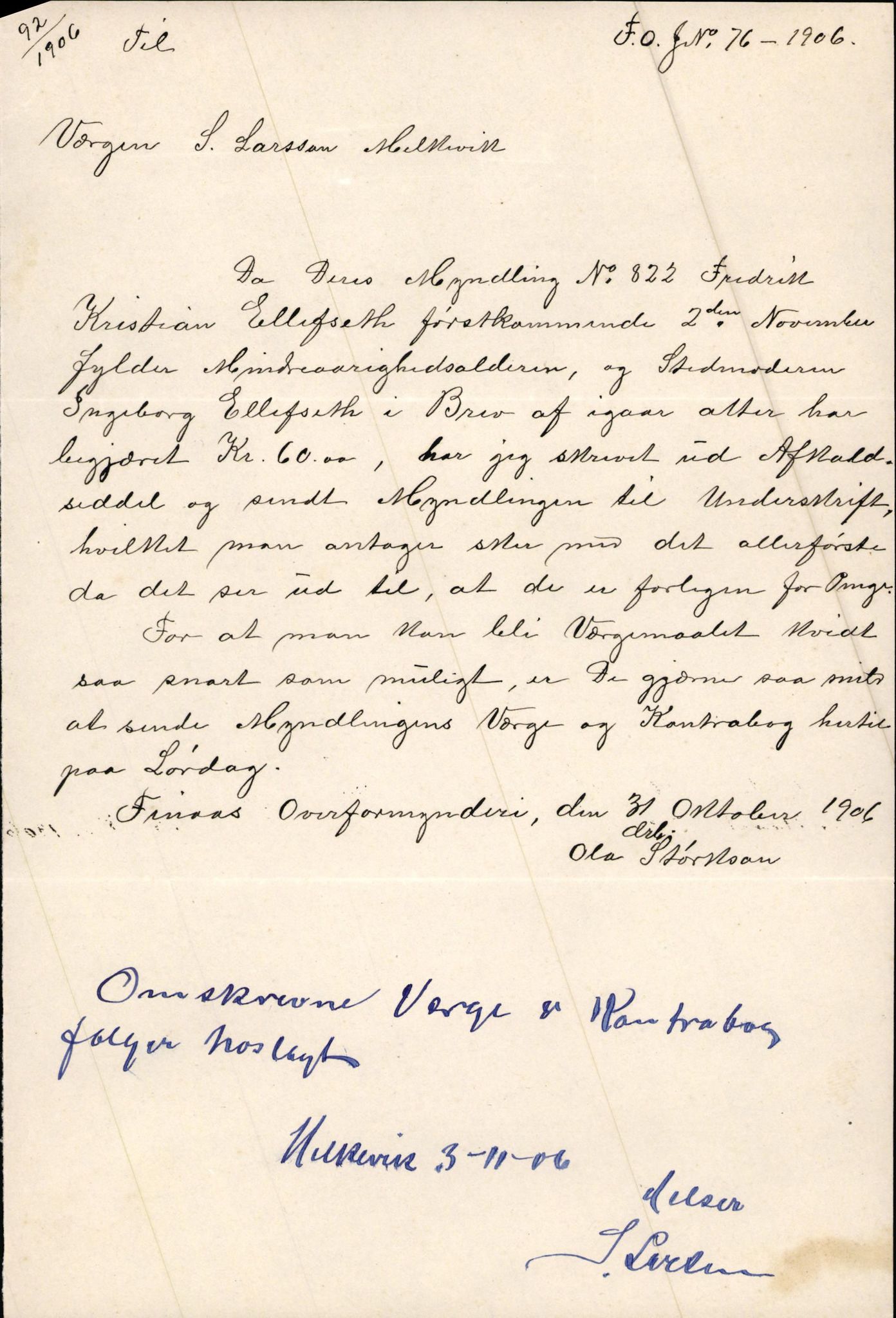 Finnaas kommune. Overformynderiet, IKAH/1218a-812/D/Da/Daa/L0002/0003: Kronologisk ordna korrespondanse / Kronologisk ordna korrespondanse, 1905-1909, p. 74