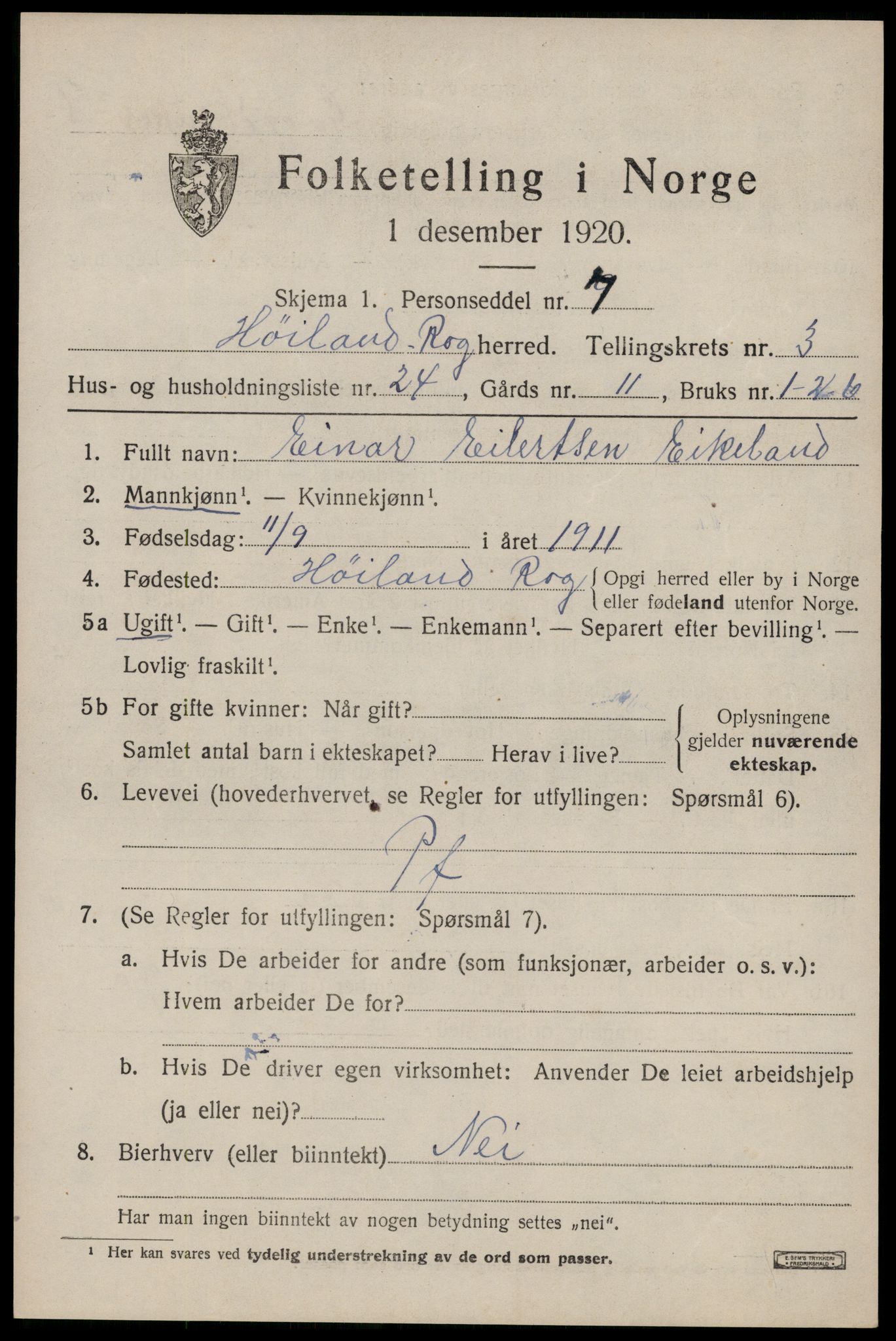 SAST, 1920 census for Høyland, 1920, p. 3254