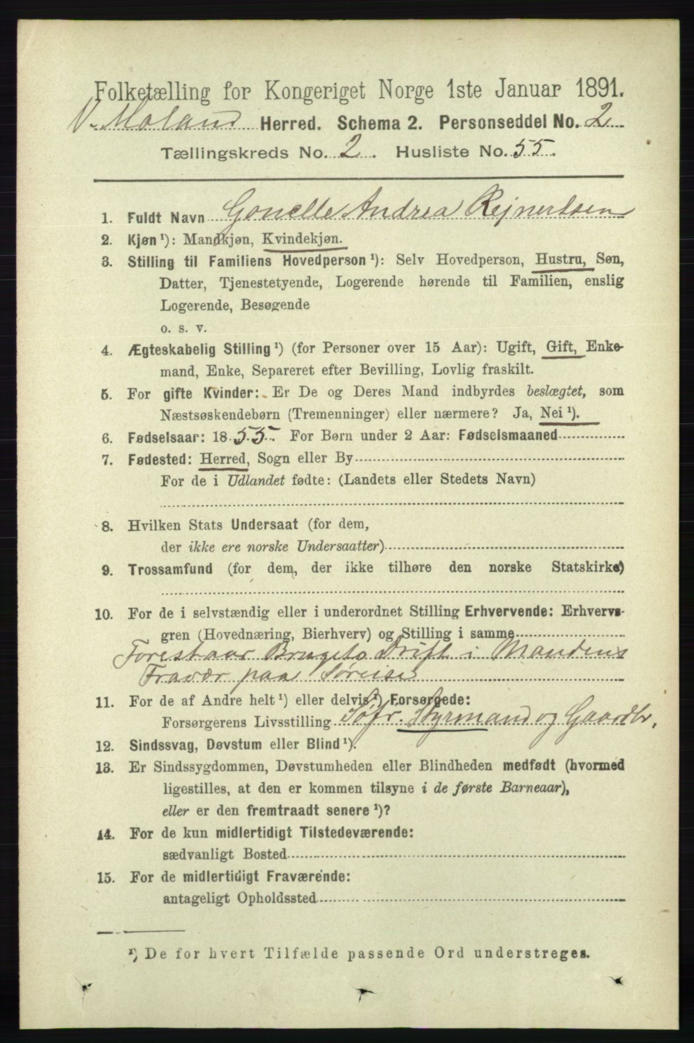 RA, 1891 census for 0926 Vestre Moland, 1891, p. 909