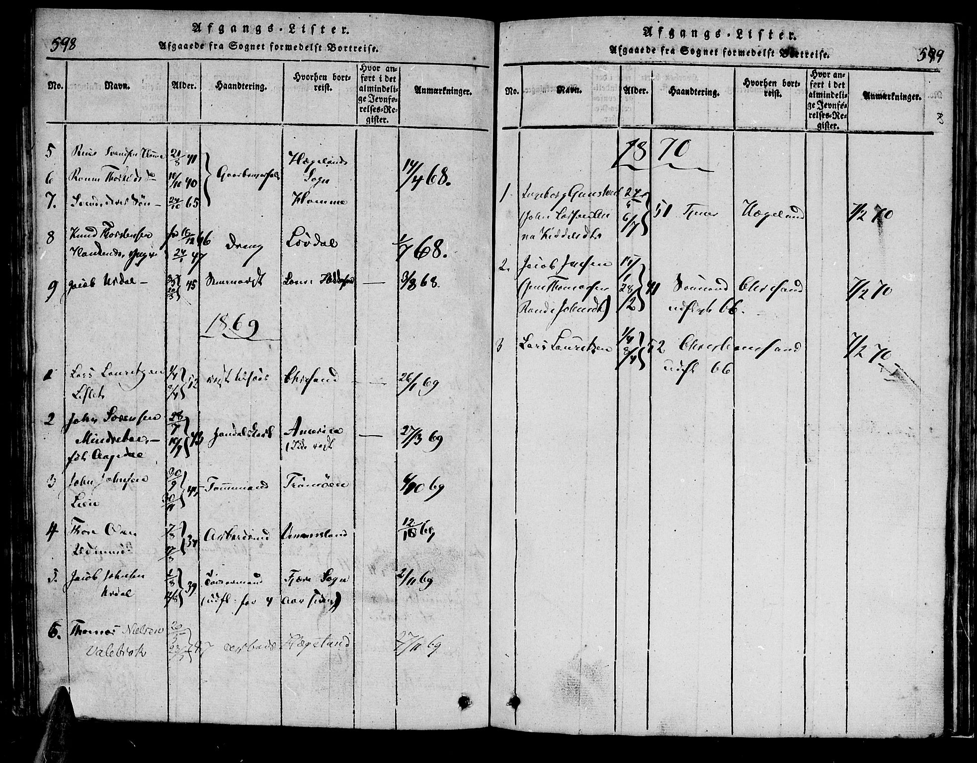 Bjelland sokneprestkontor, AV/SAK-1111-0005/F/Fa/Faa/L0002: Parish register (official) no. A 2, 1816-1866, p. 598-599