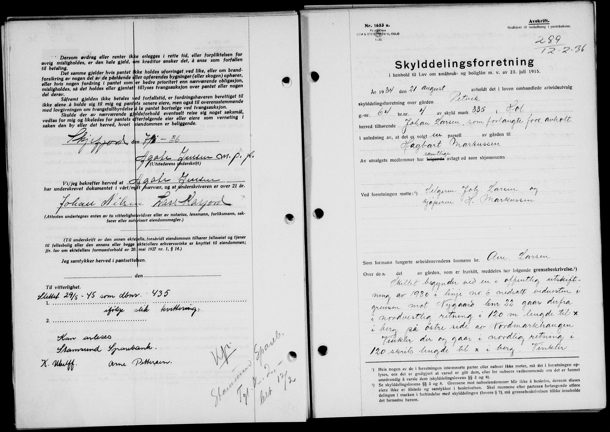 Lofoten sorenskriveri, SAT/A-0017/1/2/2C/L0033b: Mortgage book no. 33b, 1936-1936, Diary no: : 289/1936