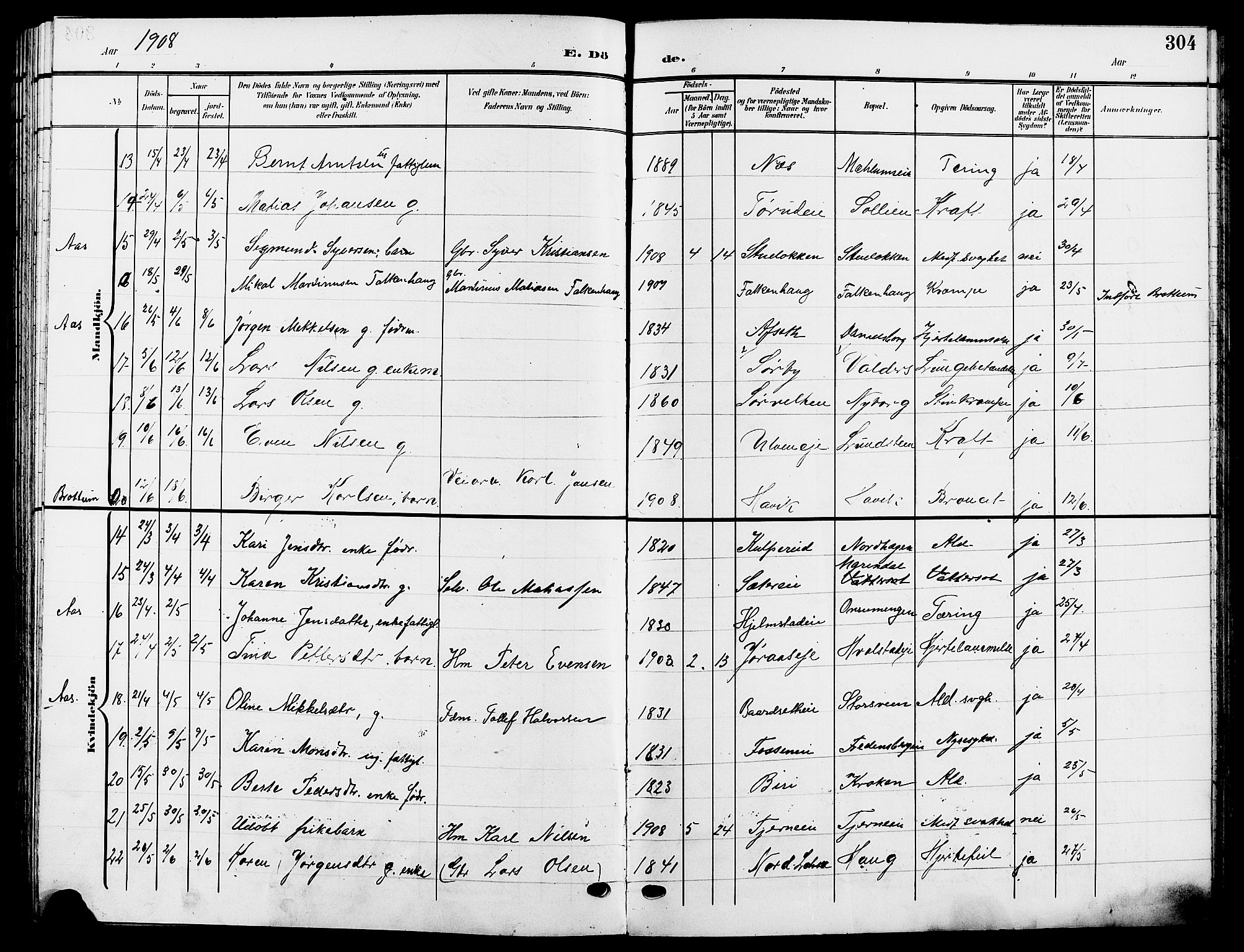 Ringsaker prestekontor, SAH/PREST-014/L/La/L0015: Parish register (copy) no. 15, 1903-1912, p. 304