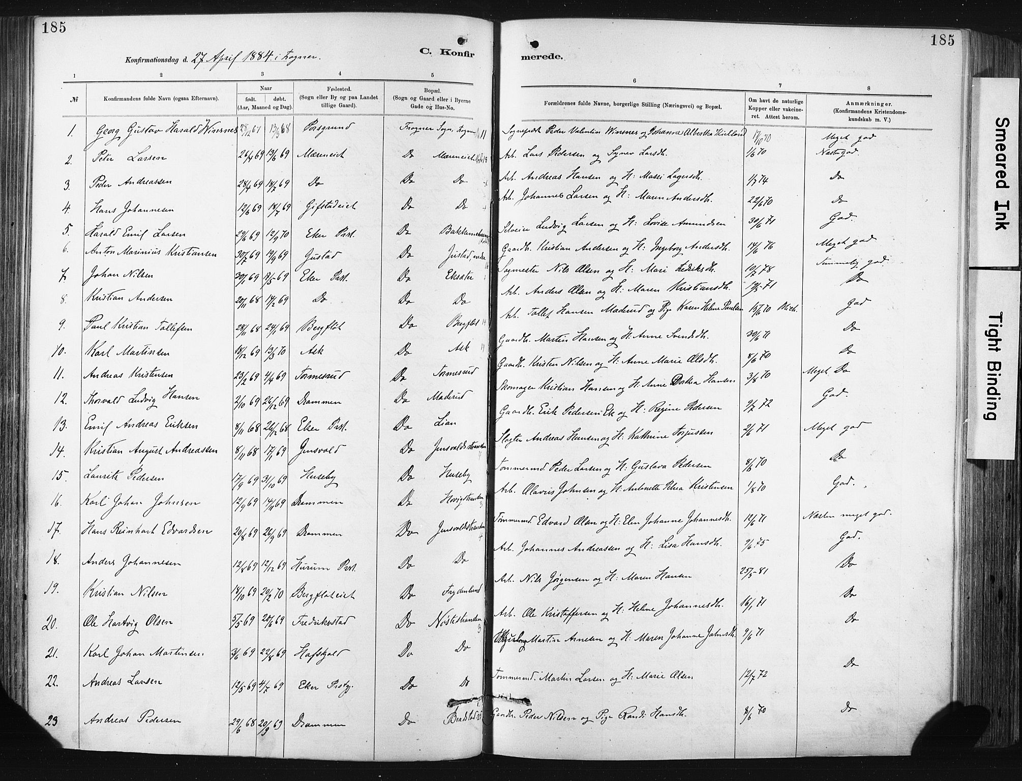 Lier kirkebøker, AV/SAKO-A-230/F/Fa/L0015: Parish register (official) no. I 15, 1883-1894, p. 185