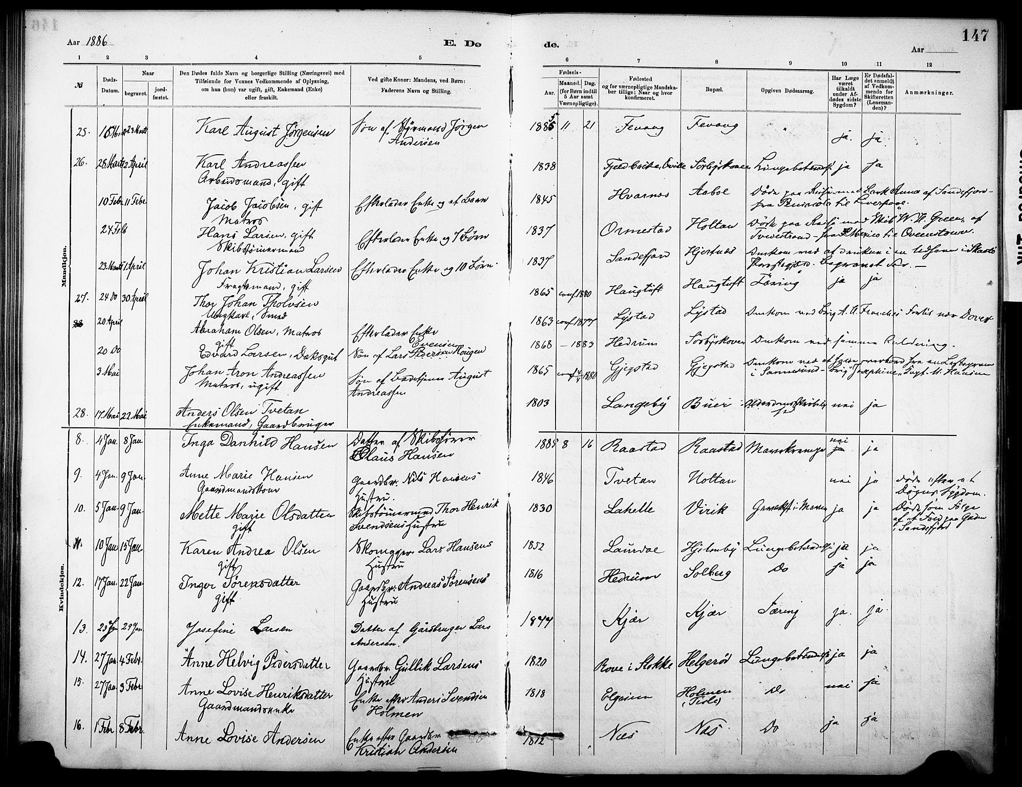 Sandar kirkebøker, SAKO/A-243/F/Fa/L0013: Parish register (official) no. 13, 1883-1895, p. 147