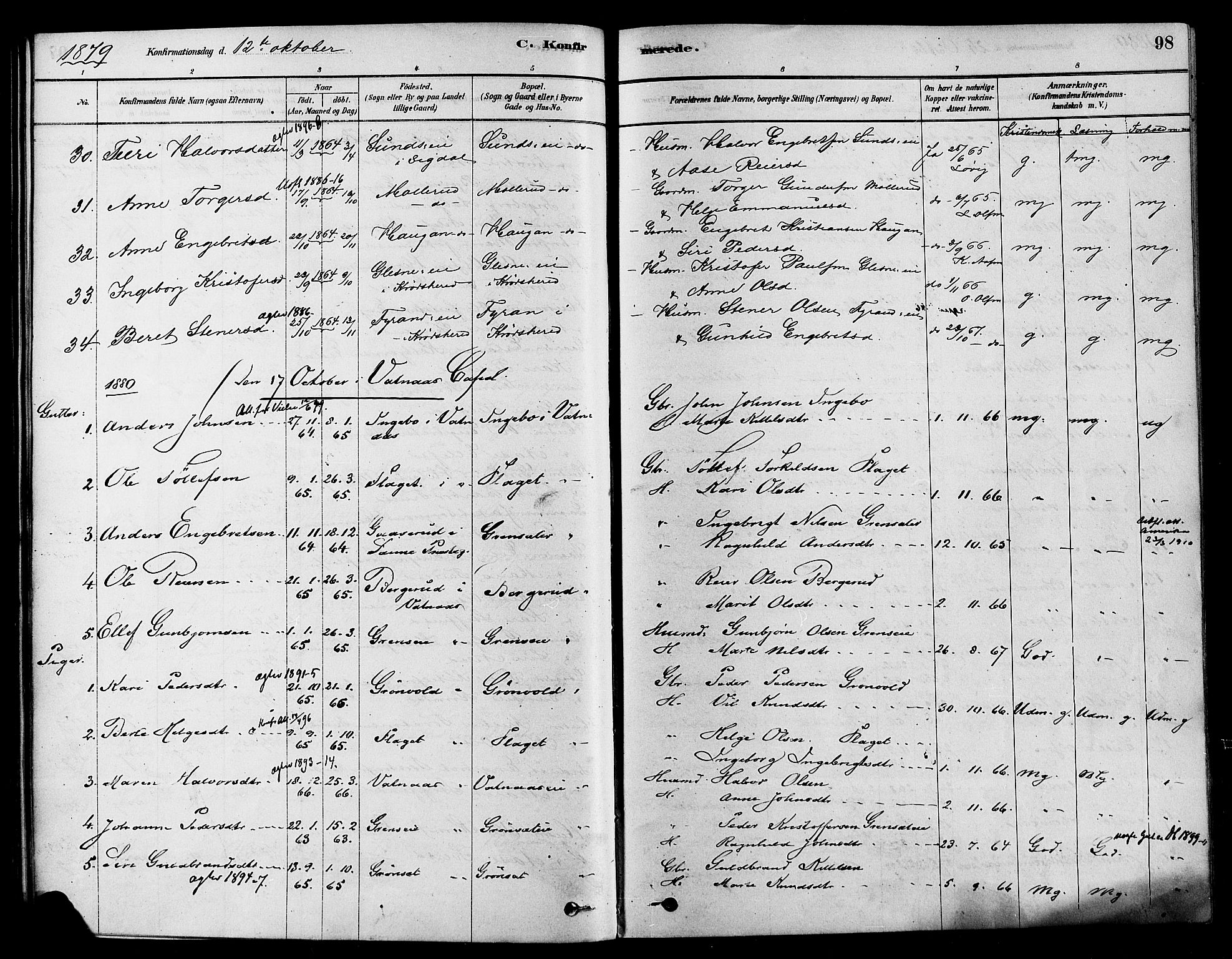 Sigdal kirkebøker, SAKO/A-245/F/Fa/L0011: Parish register (official) no. I 11, 1879-1887, p. 98