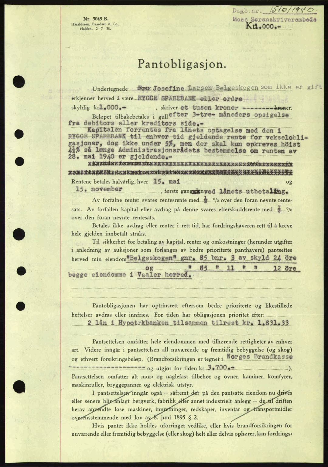 Moss sorenskriveri, AV/SAO-A-10168: Mortgage book no. B10, 1940-1941, Diary no: : 1510/1940