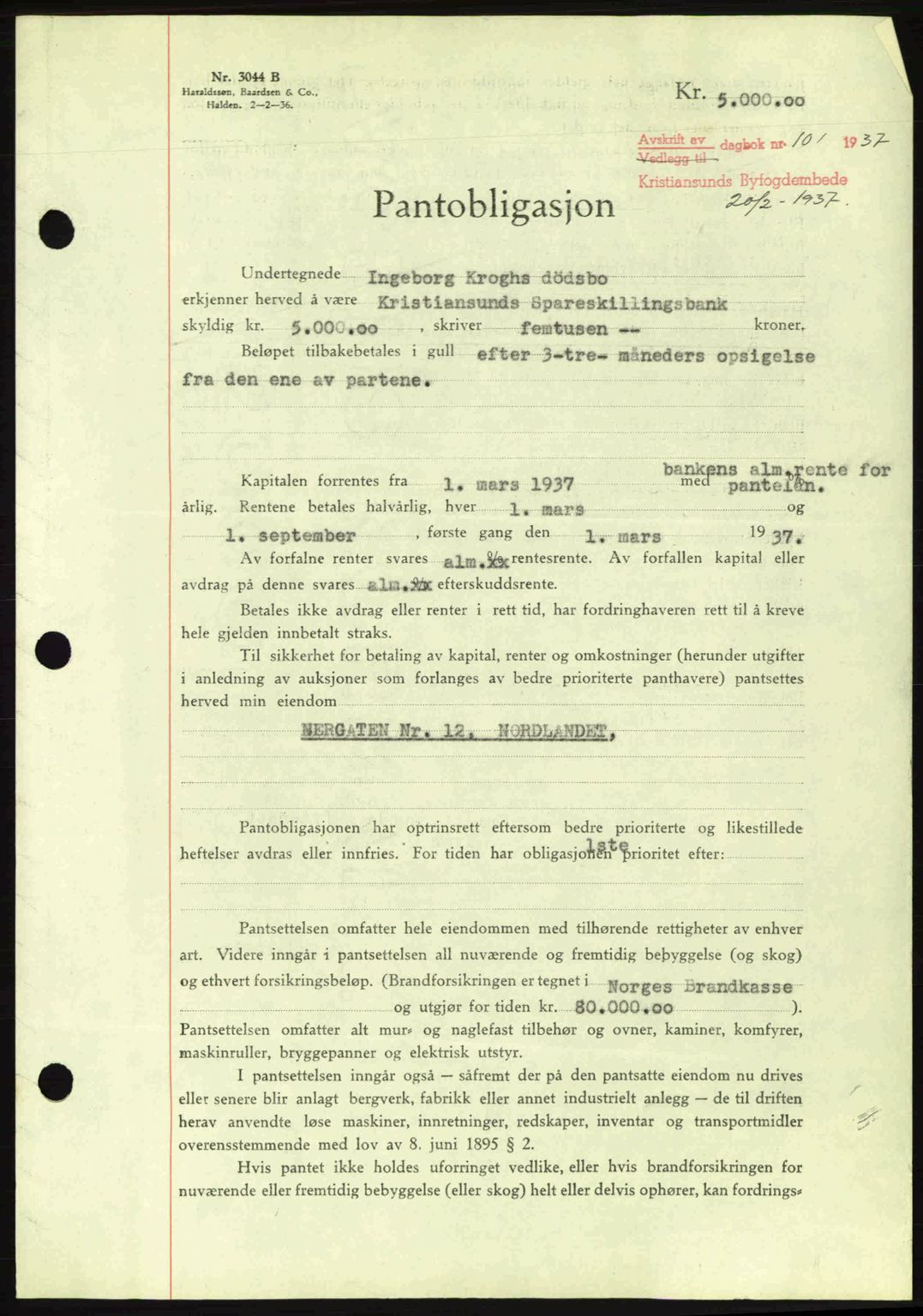 Kristiansund byfogd, AV/SAT-A-4587/A/27: Mortgage book no. 29, 1936-1937, Diary no: : 101/1937