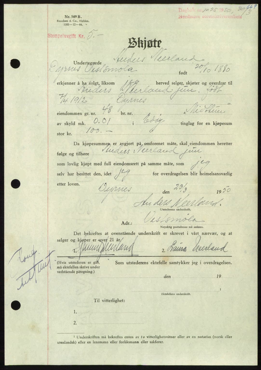 Nordmøre sorenskriveri, AV/SAT-A-4132/1/2/2Ca: Mortgage book no. A114, 1950-1950, Diary no: : 1025/1950