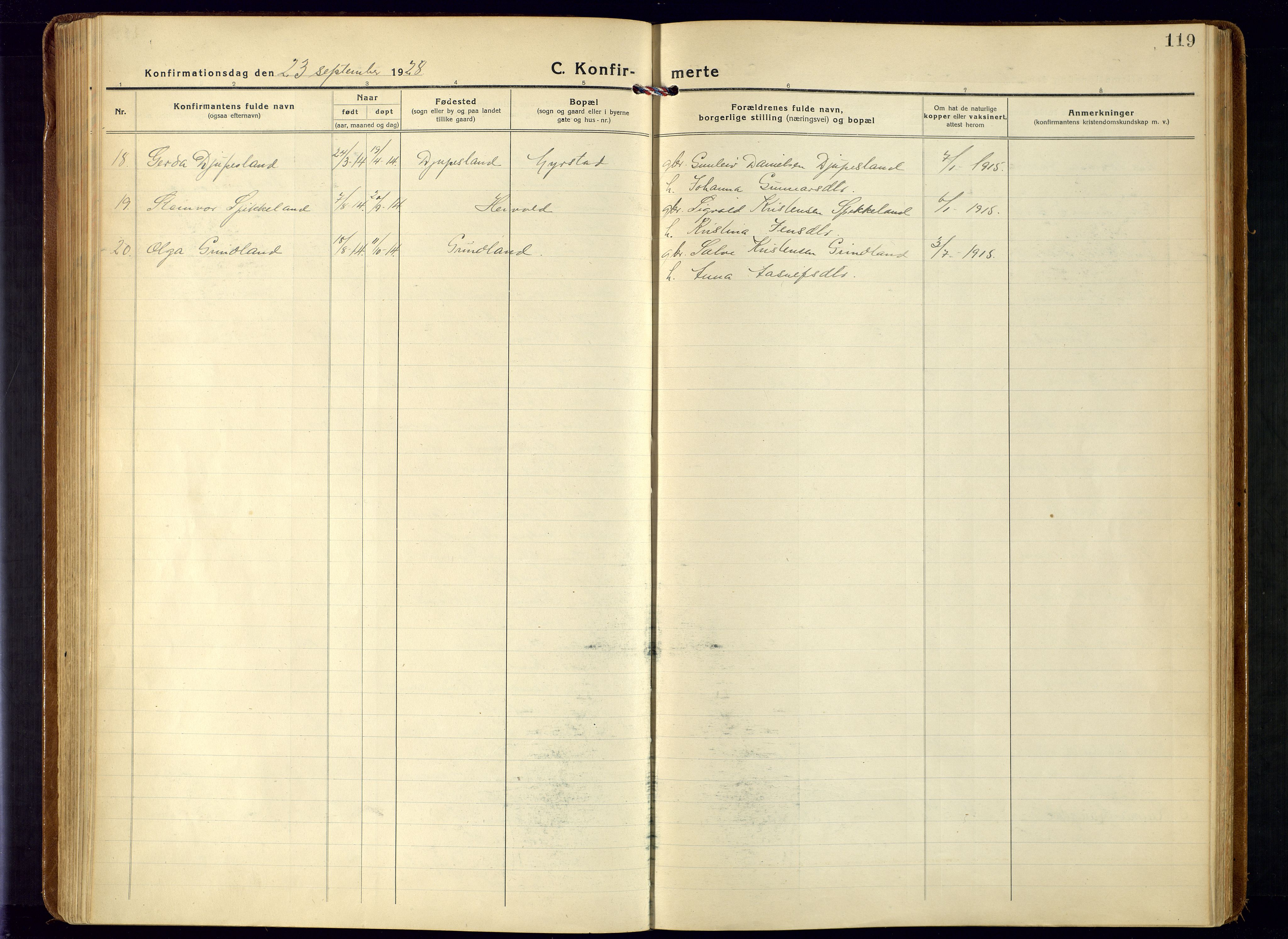 Bjelland sokneprestkontor, AV/SAK-1111-0005/F/Fa/Fab/L0005: Parish register (official) no. A 5, 1921-1951, p. 119