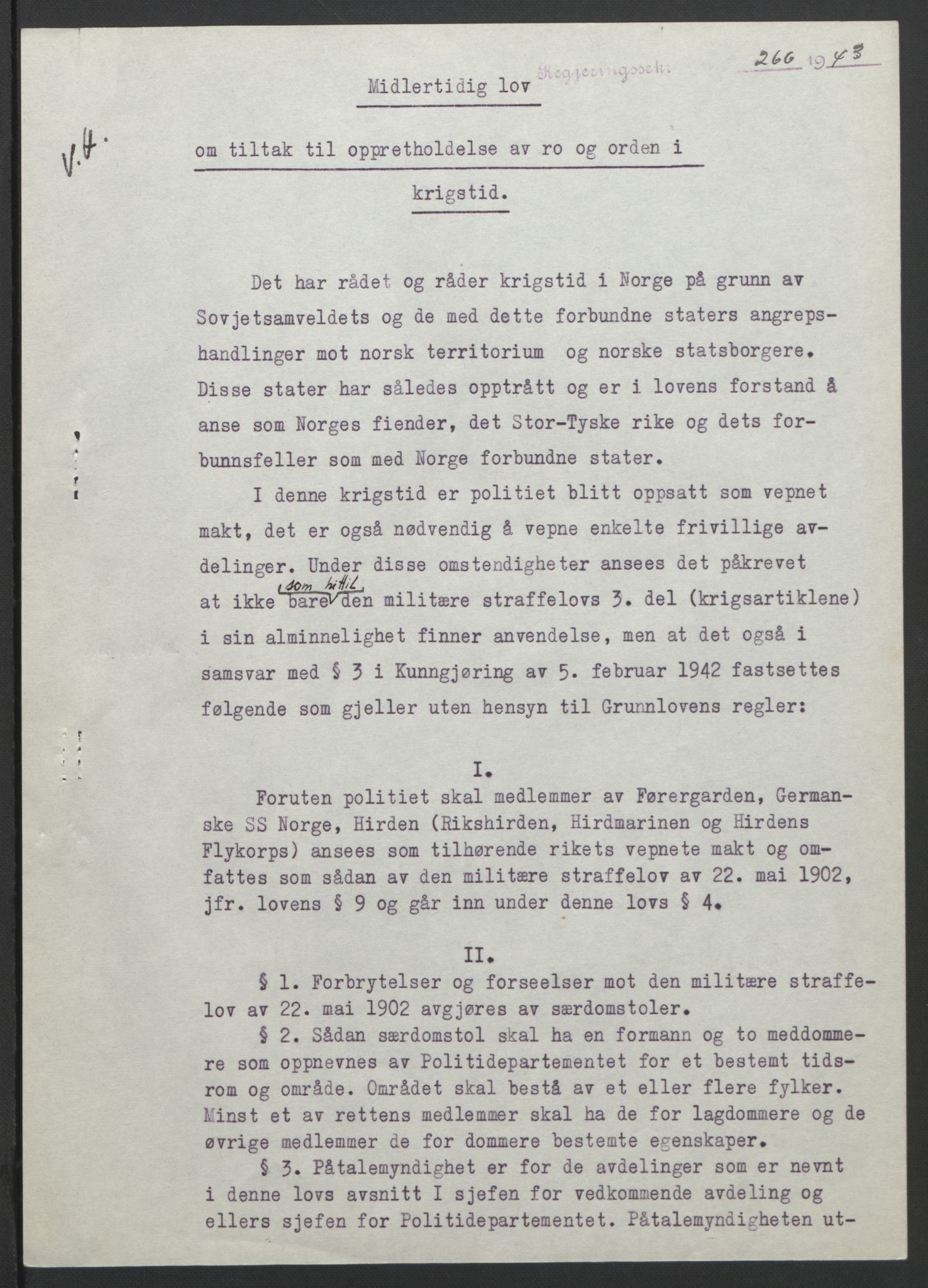 NS-administrasjonen 1940-1945 (Statsrådsekretariatet, de kommisariske statsråder mm), AV/RA-S-4279/D/Db/L0099: Lover, 1943, p. 520