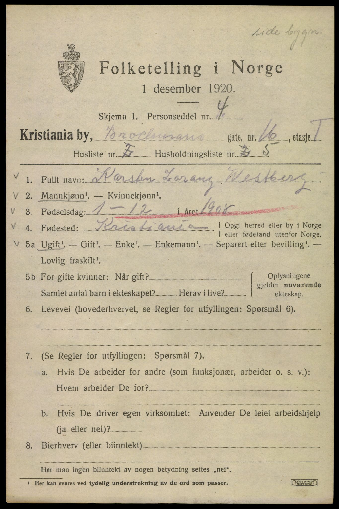 SAO, 1920 census for Kristiania, 1920, p. 174617