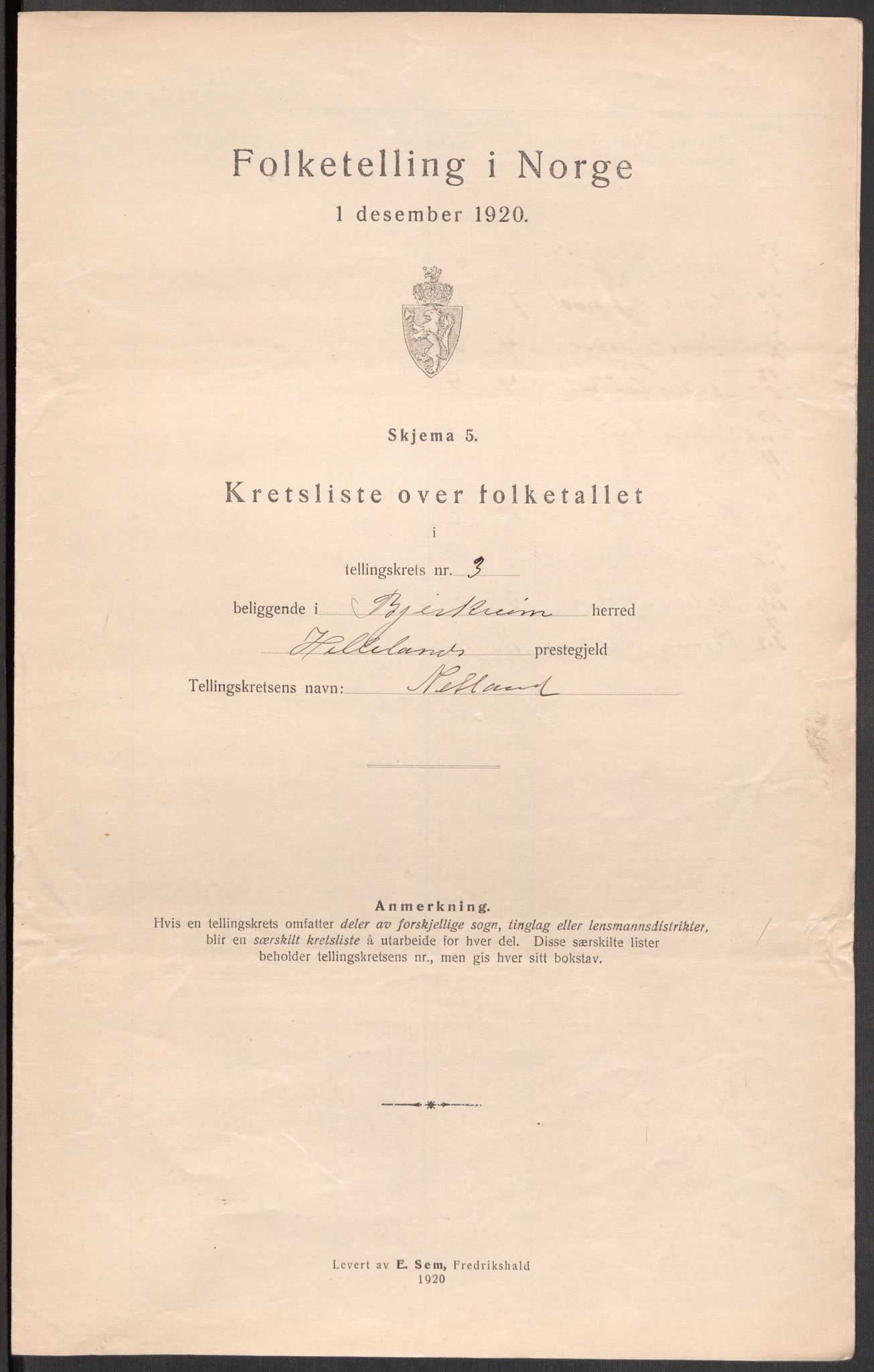 SAST, 1920 census for Bjerkreim, 1920, p. 13